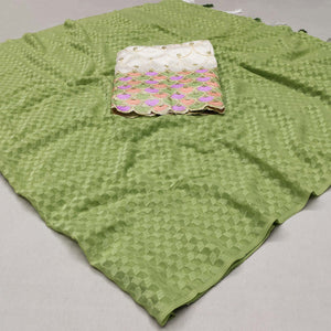 Green Woven Jacquard Saree With Tassels