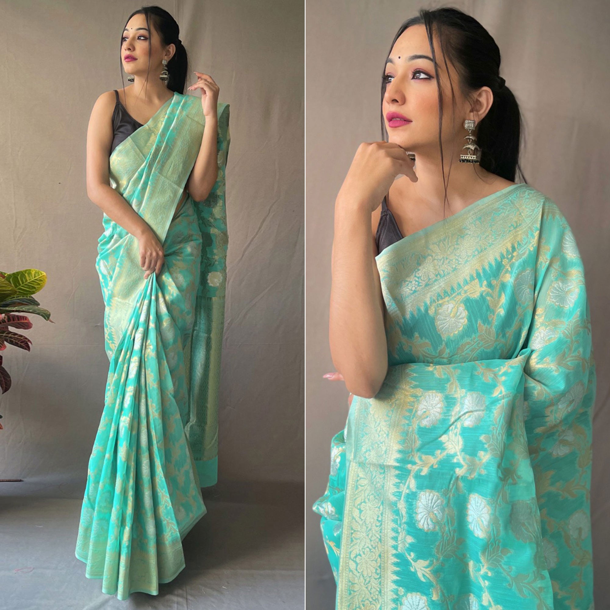 Rama Green Floral Woven Linen Saree