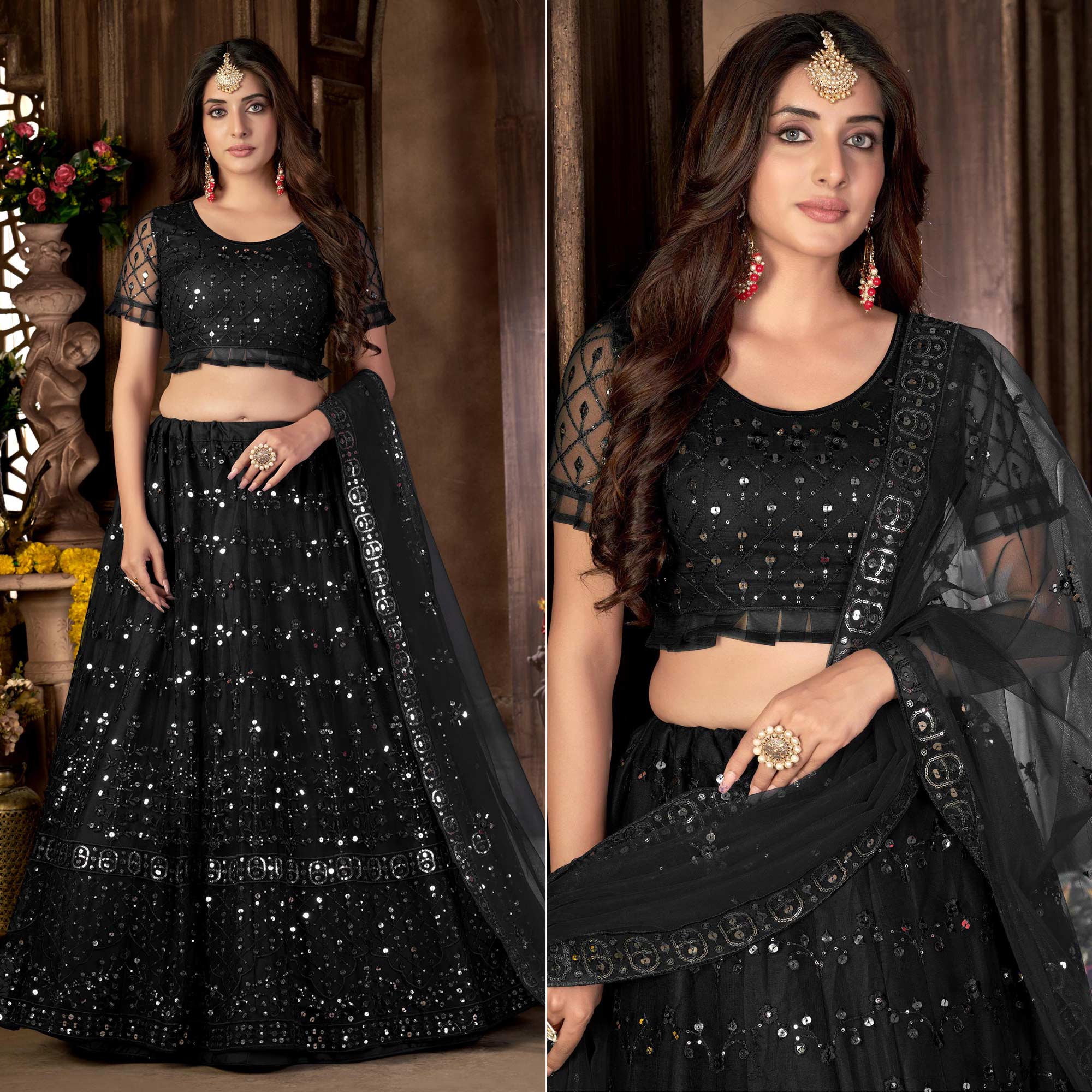 Black Sequins Embroidered Netted Lehenga Choli - Image 3