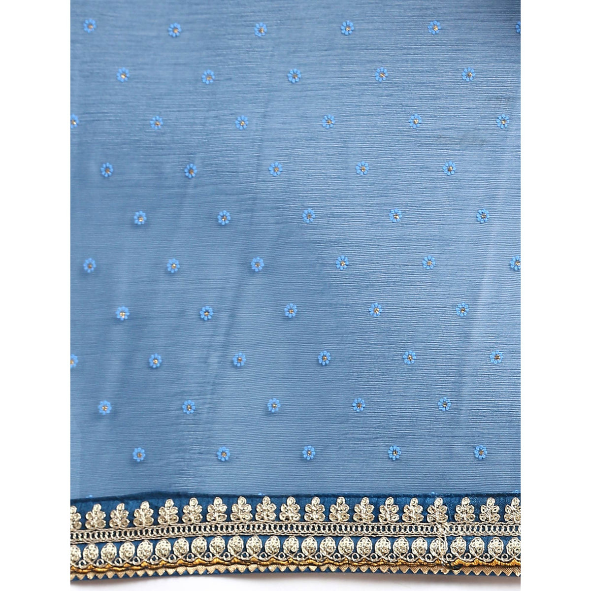 Blue Foil Printed With Embroidered Border Chiffon Saree - Image 1