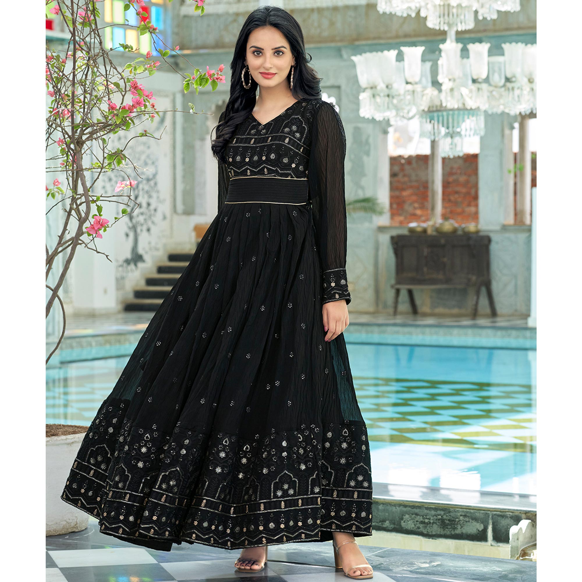 Black Sequins Embroidered Georgette Gown