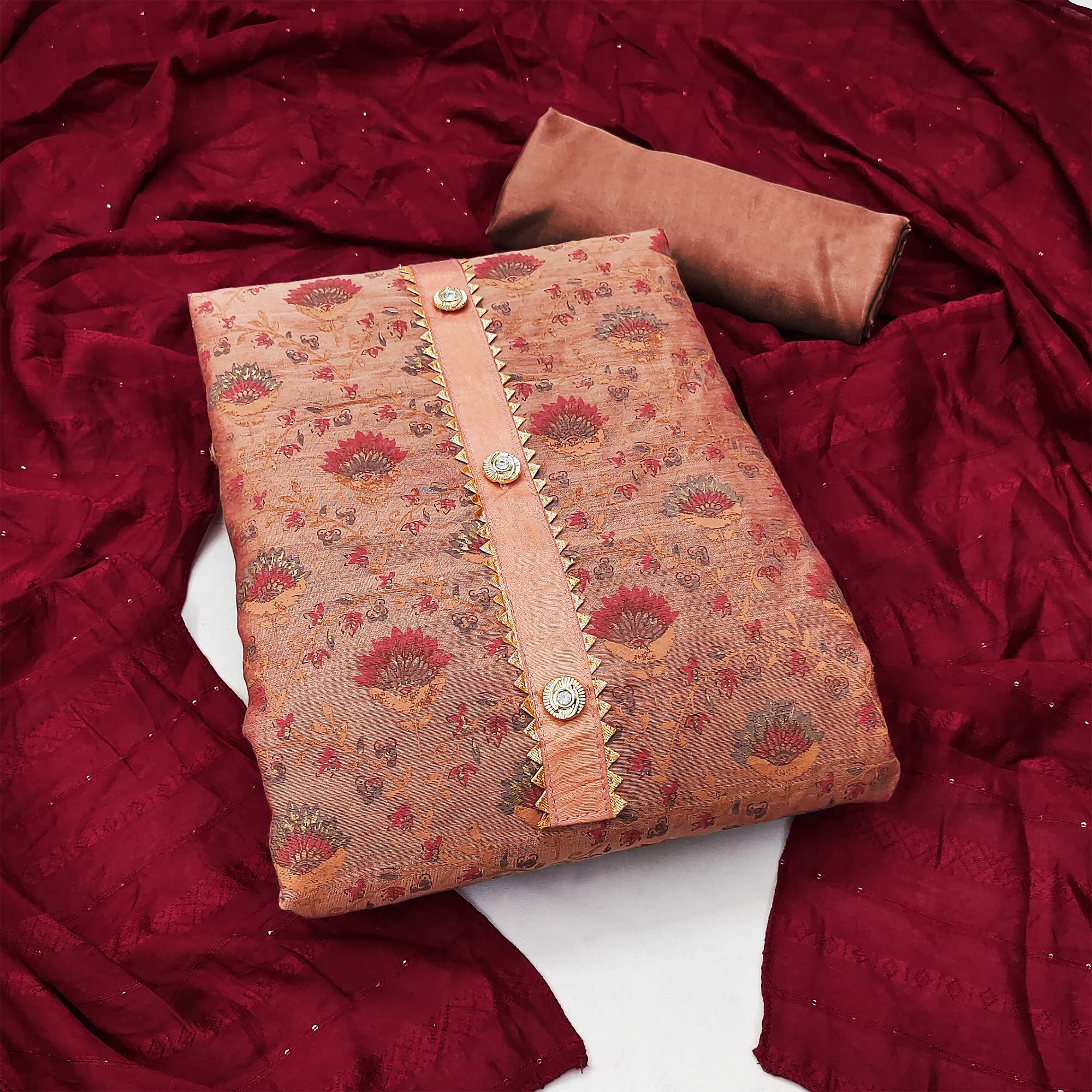 Pink Floral Printed Chanderi Dress Material