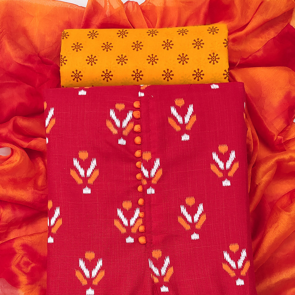 Red Ikkat Printed Cotton Blend Dress Material - Image 4