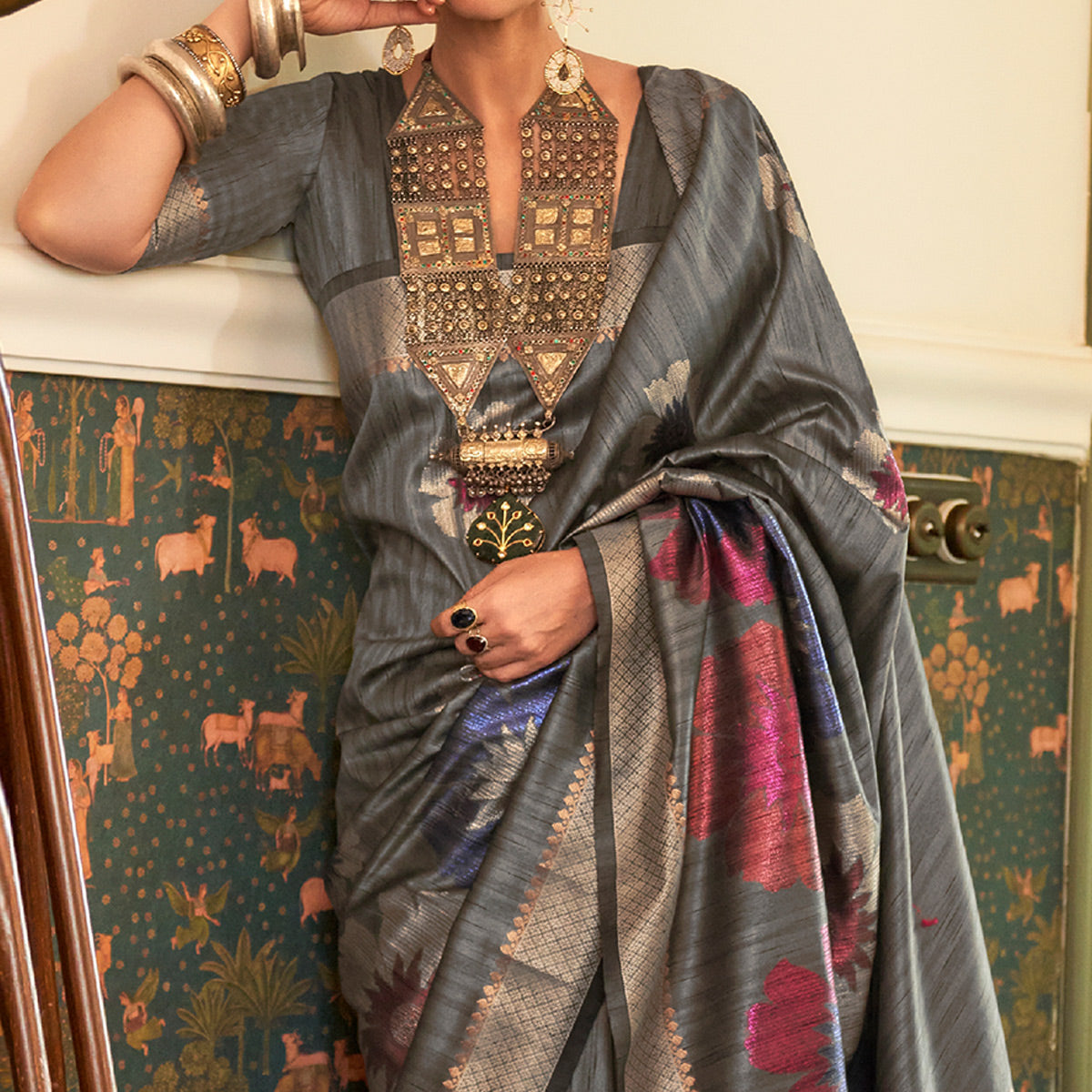 Grey Woven Art Silk Saree With Tassels - Image 3