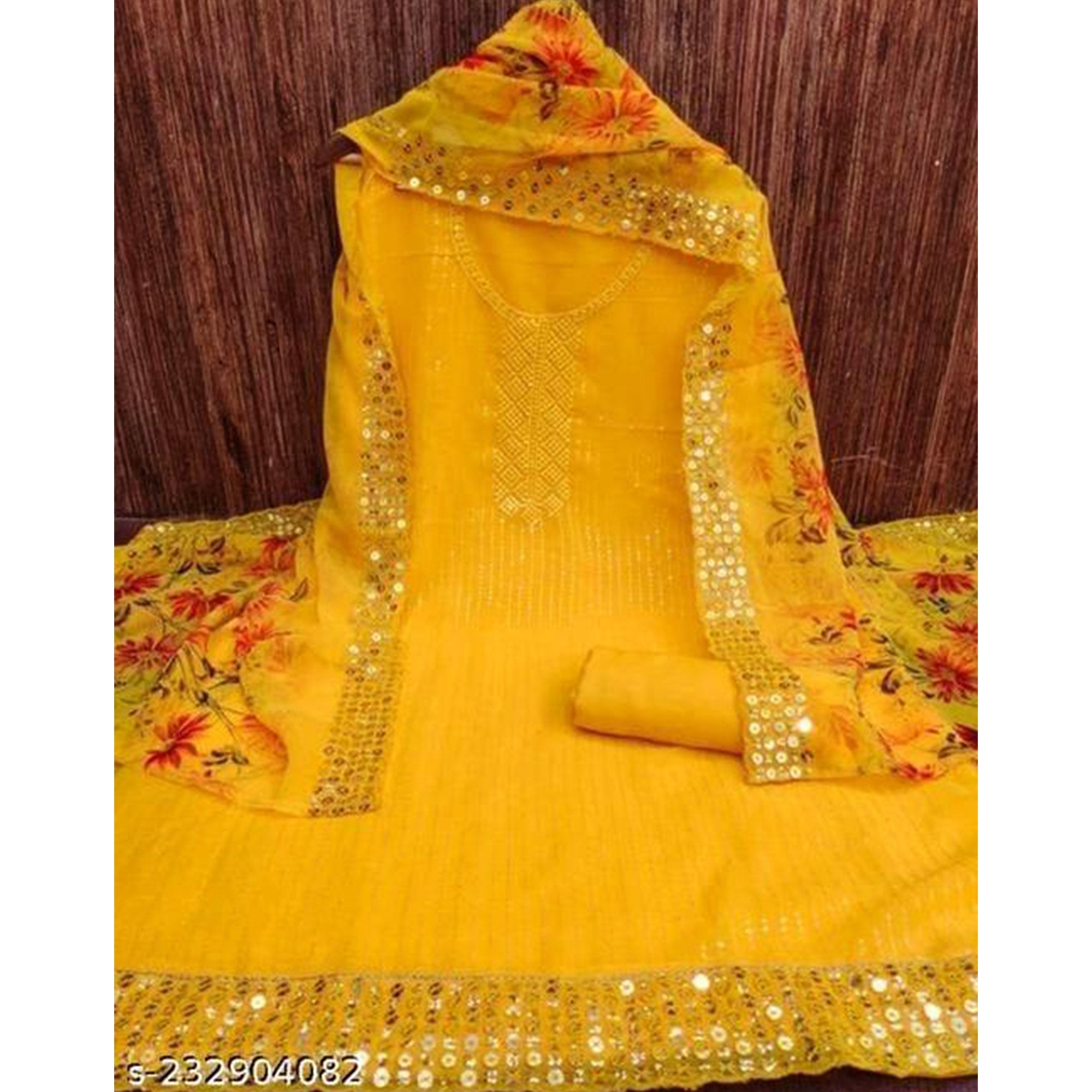 Yellow Sequins Embroidered Georgette Dress Material
