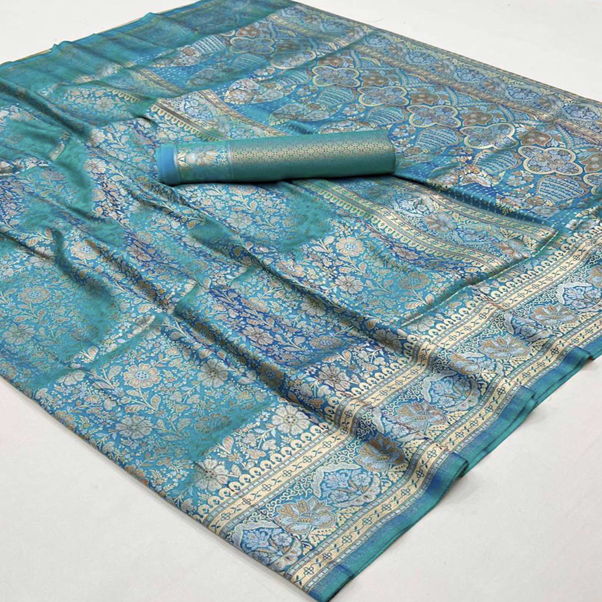 Teal Blue Floral Woven Art Silk Saree