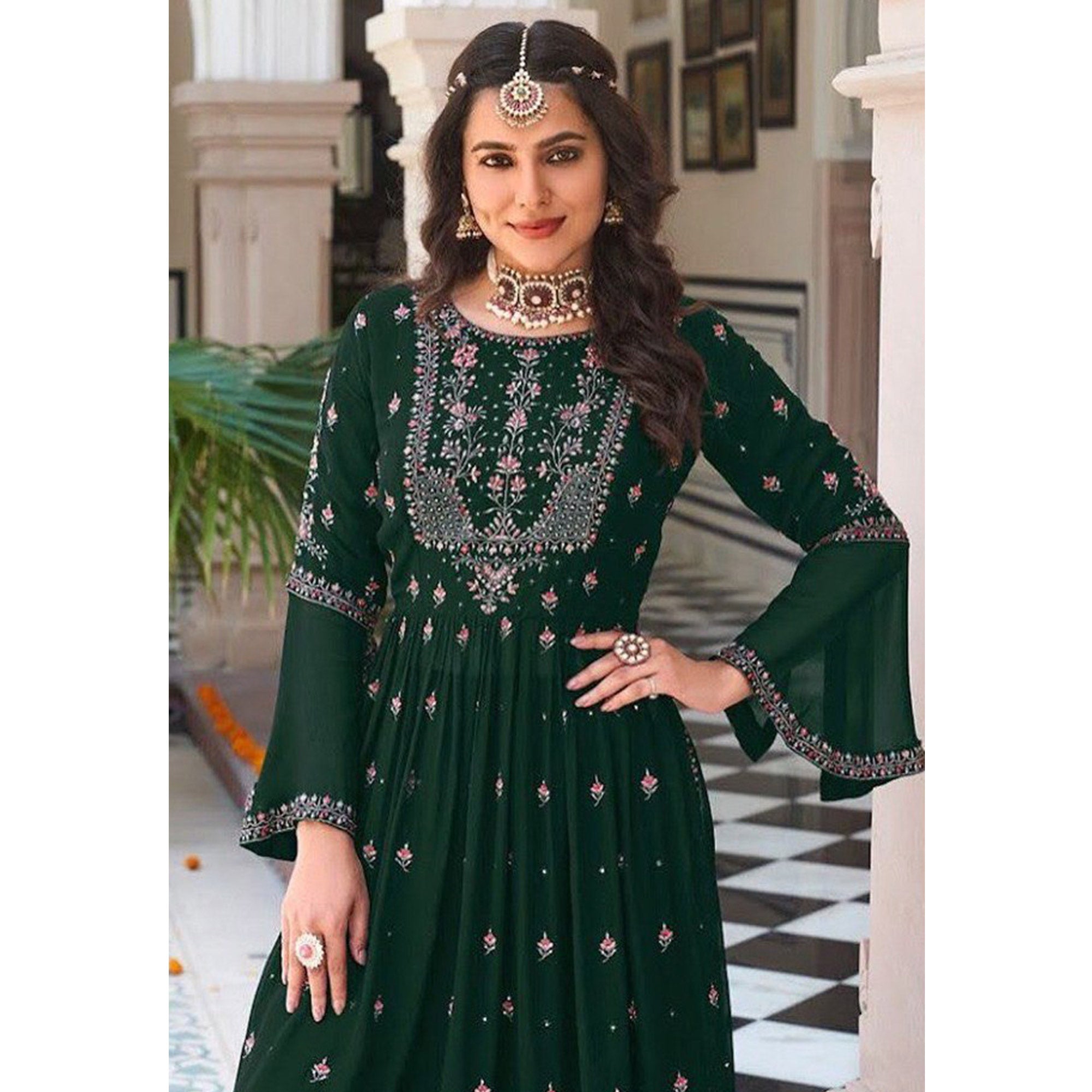 Green Floral Embroidered Georgette Naira Cut Sharara Suit