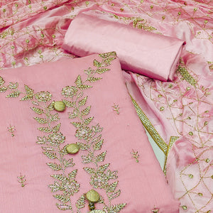 Pink Embroidered Chanderi Dress Material