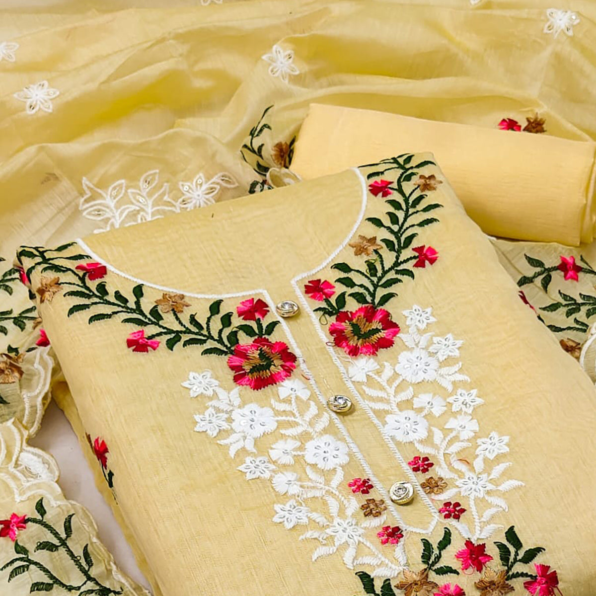 Yellow Floral Embroidered Chanderi Dress Material