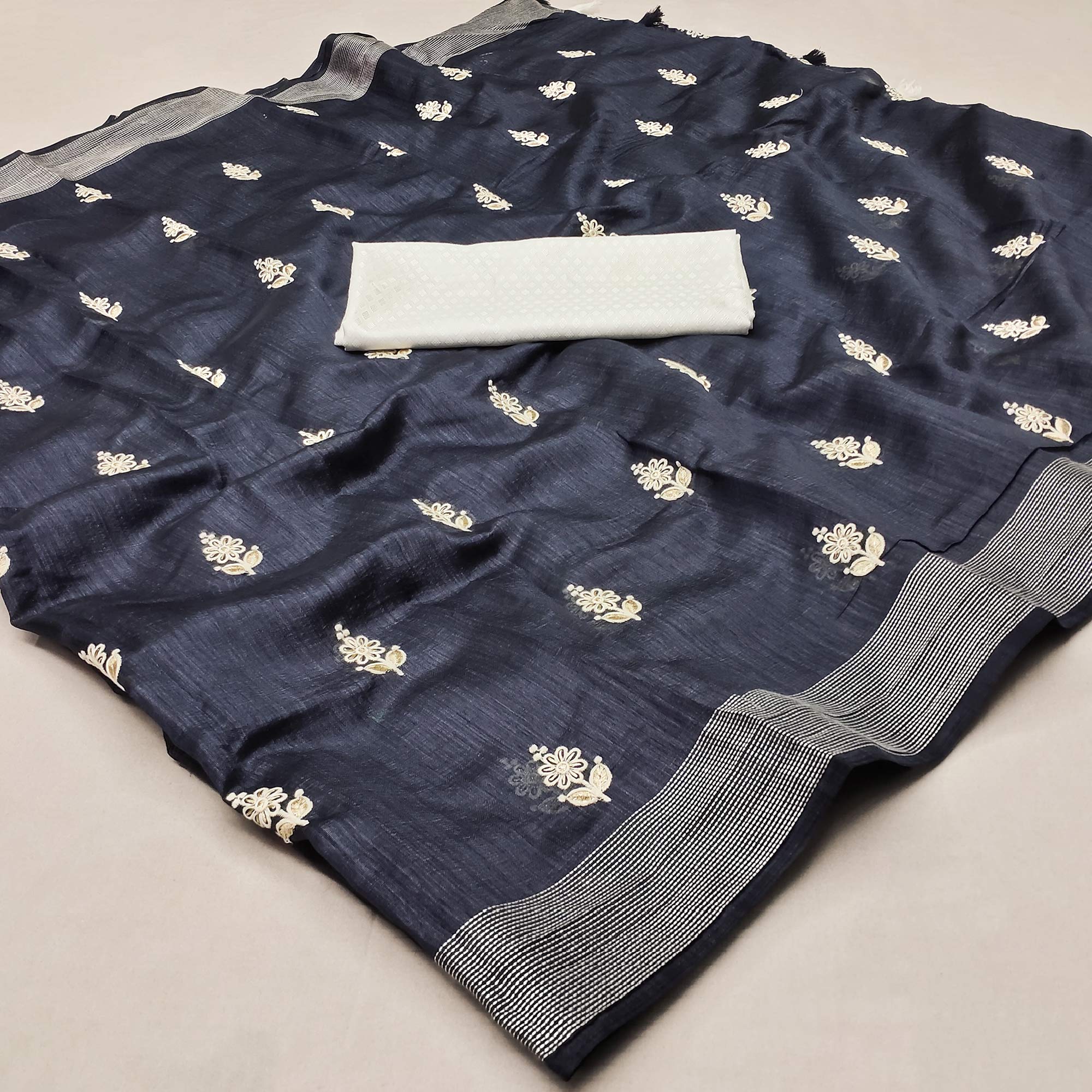Black Floral Embroidered Cotton Blend Saree