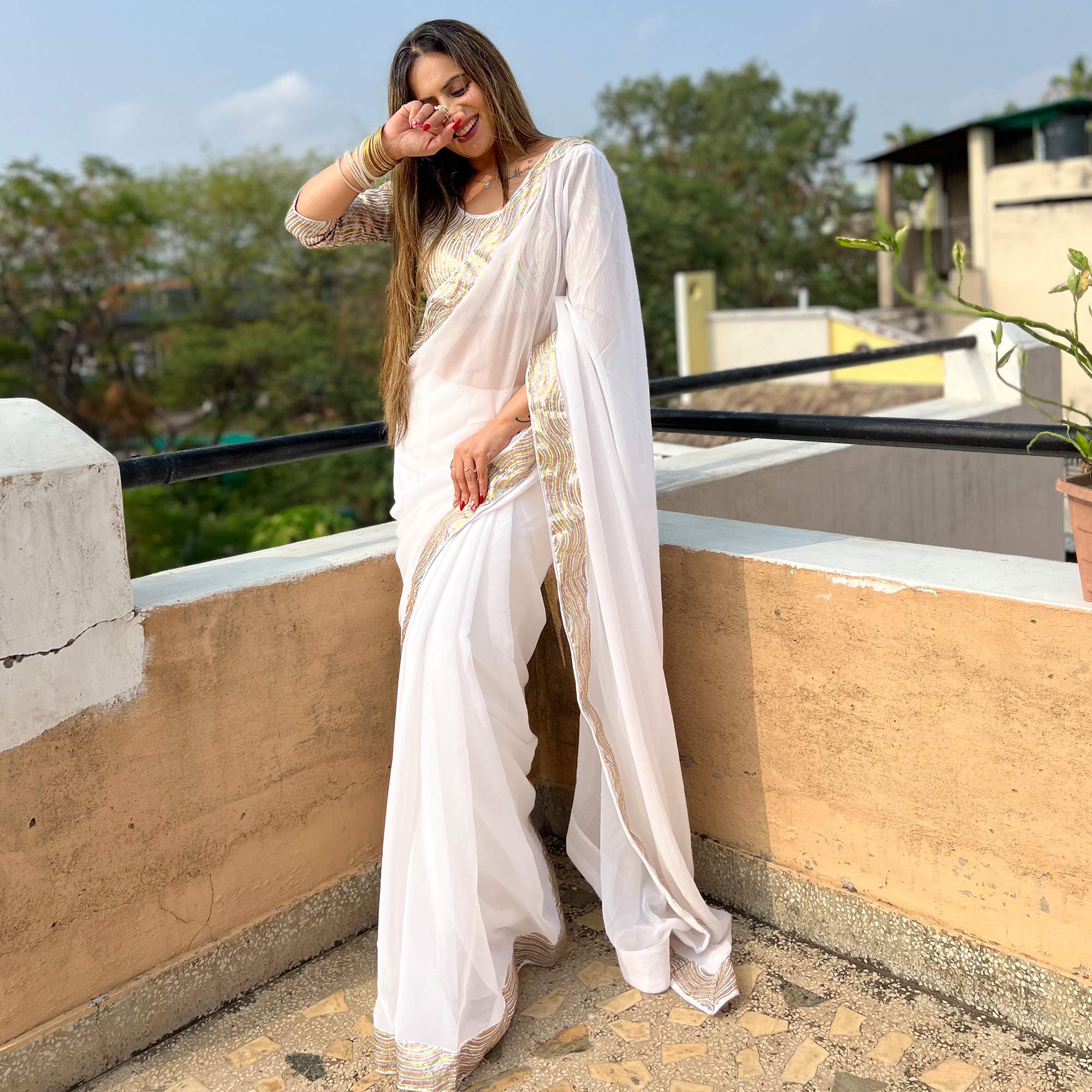 White Sequins Embroidered Georgette Saree