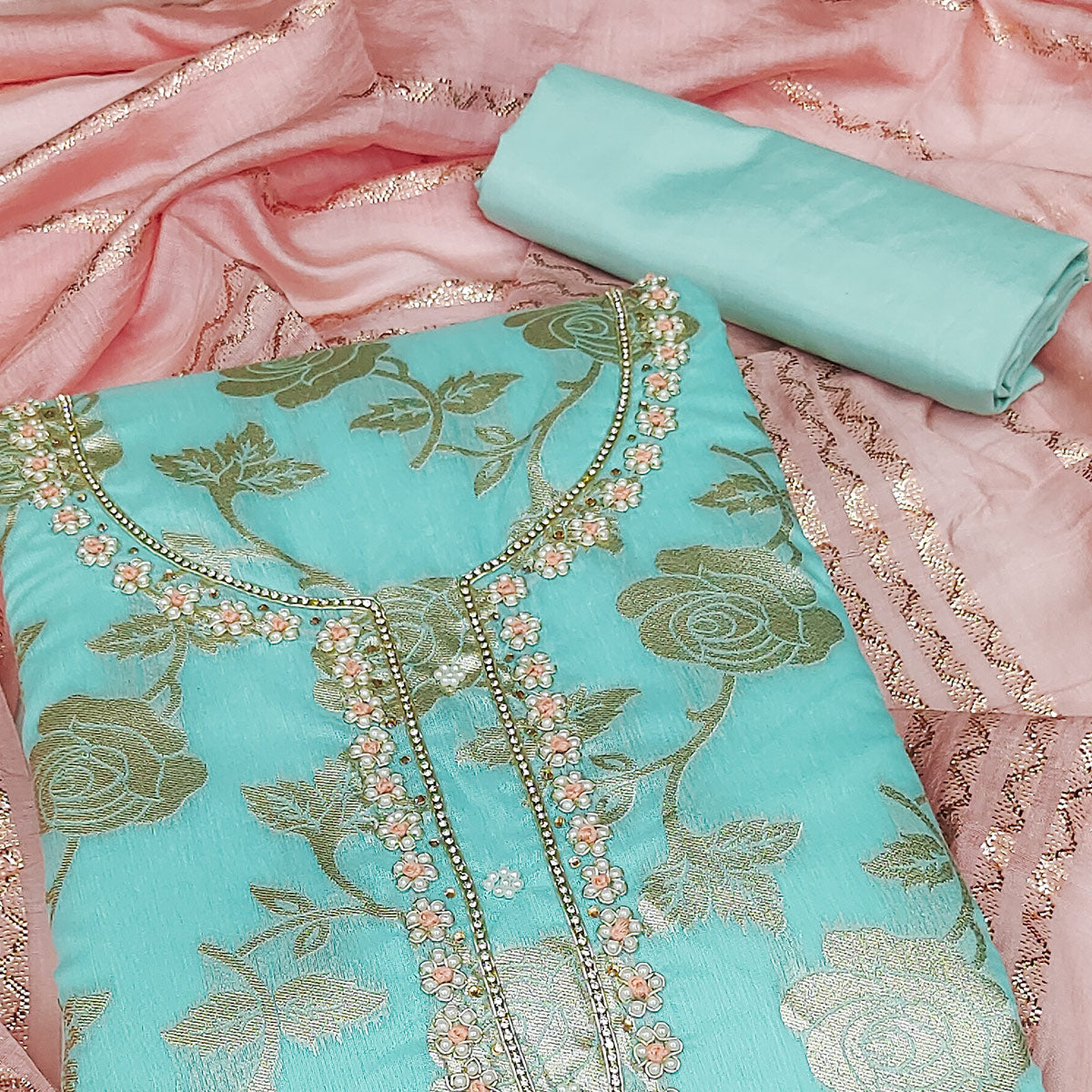 Sky Blue Woven Banarasi Silk Dress Material - Image 4