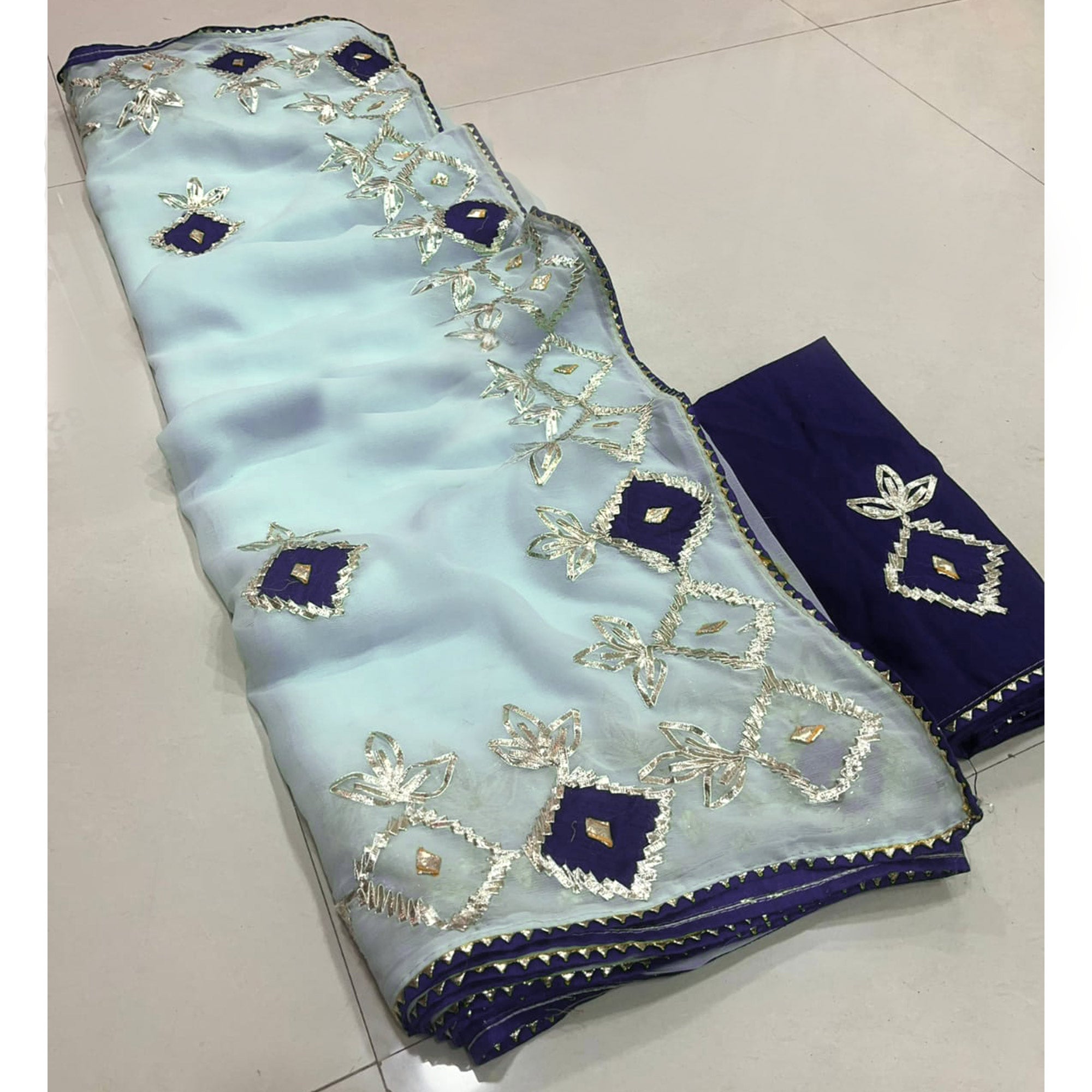 Blue Gota With Patch Work Chiffon Saree