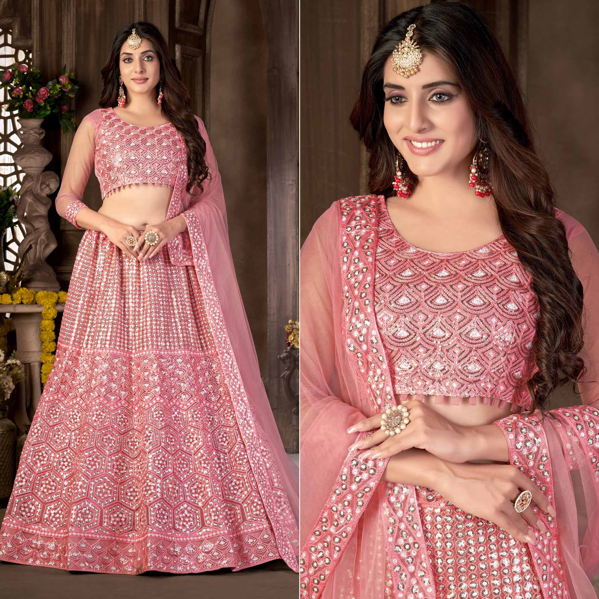 Pink Sequins Embroidered Netted Lehenga Choli - Image 6