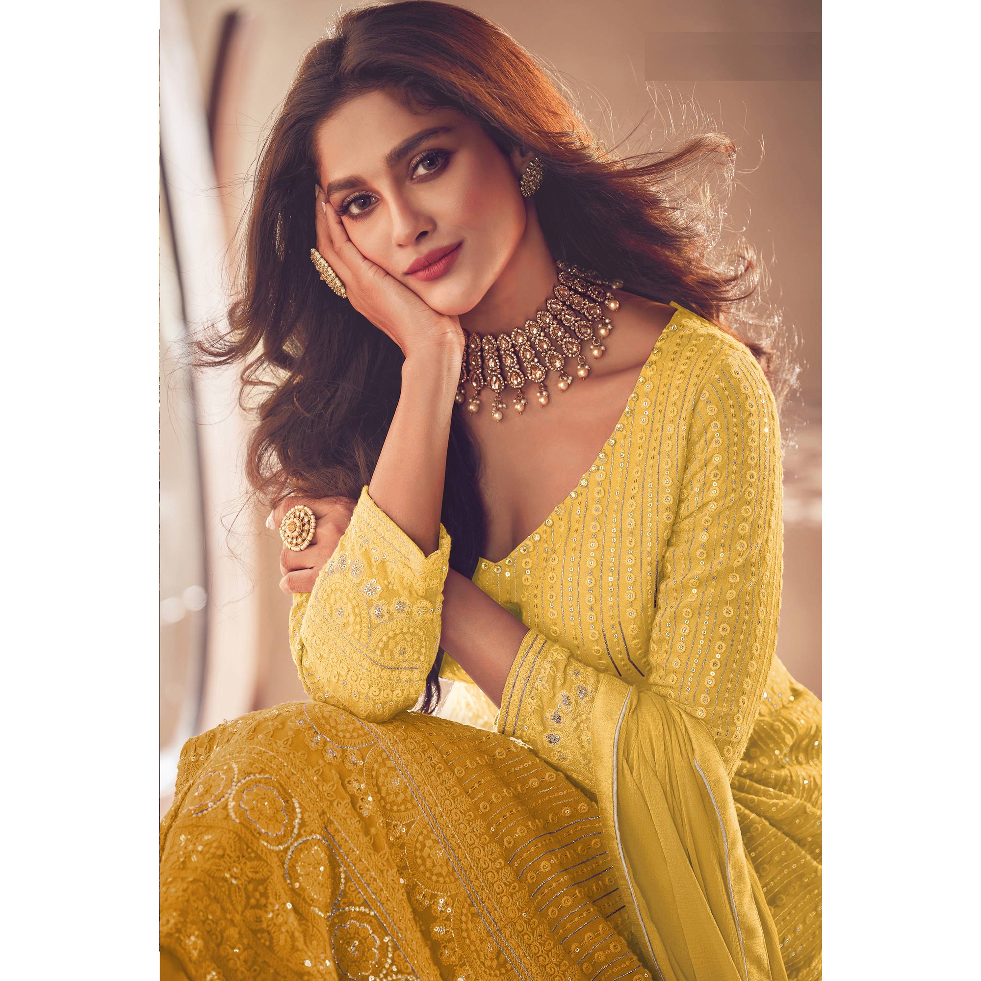 Yellow Sequins Embroidered Georgette Front Slit Suit