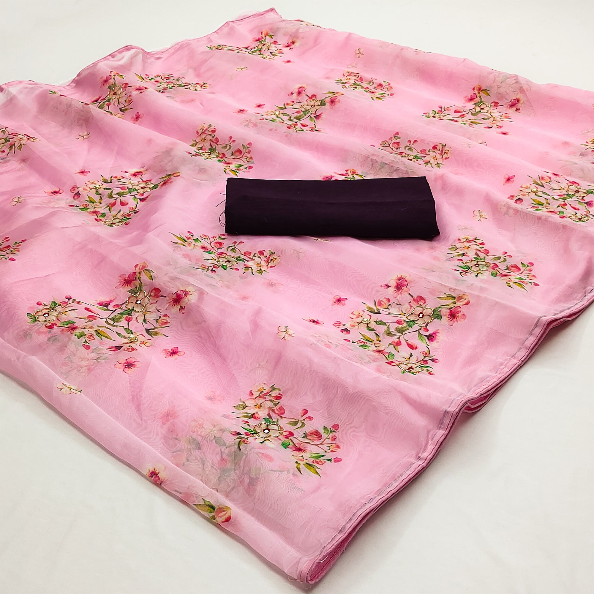 Pink Floral Printed With Khatli Work Organza Saree