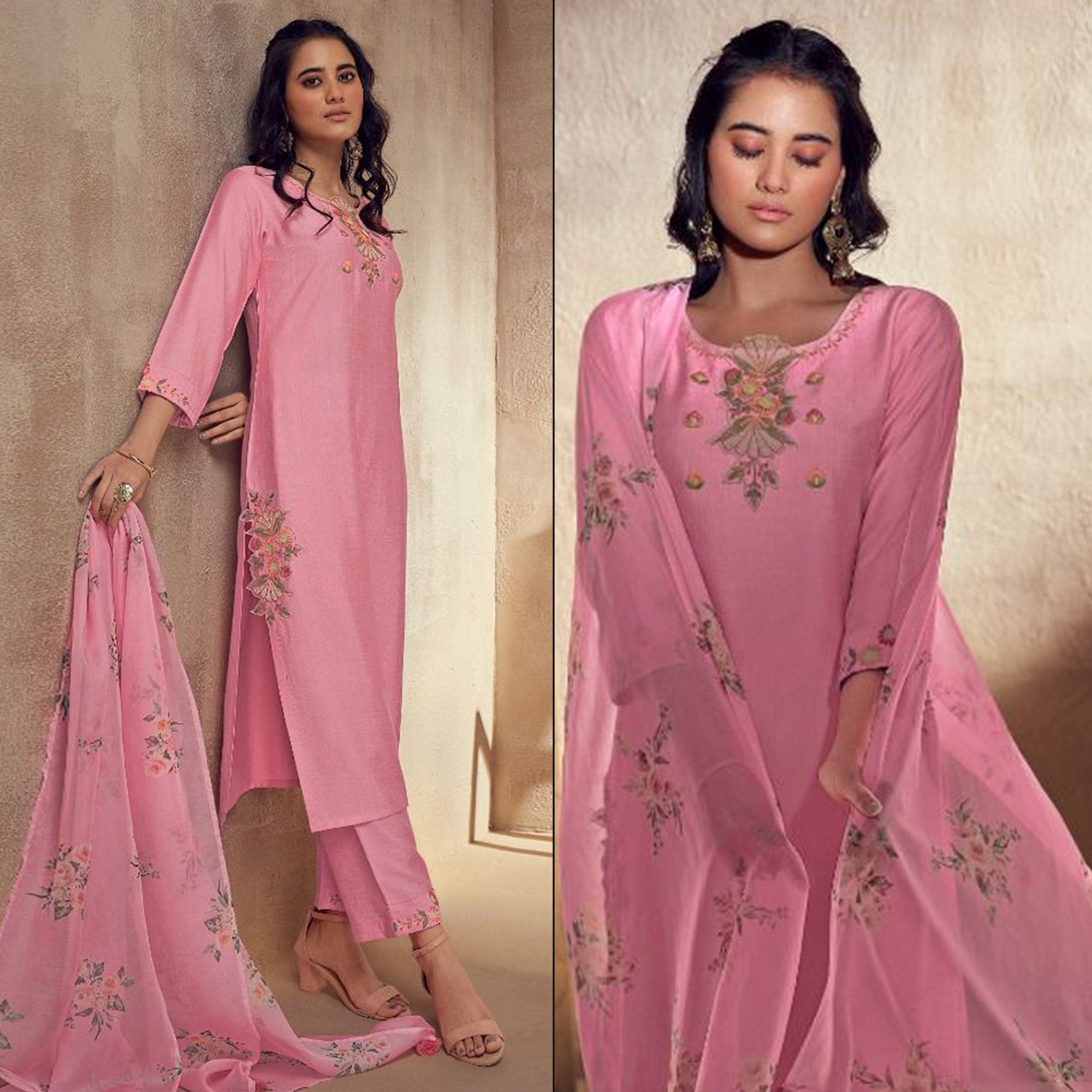 Pink Floral Embroidered Viscose Suit