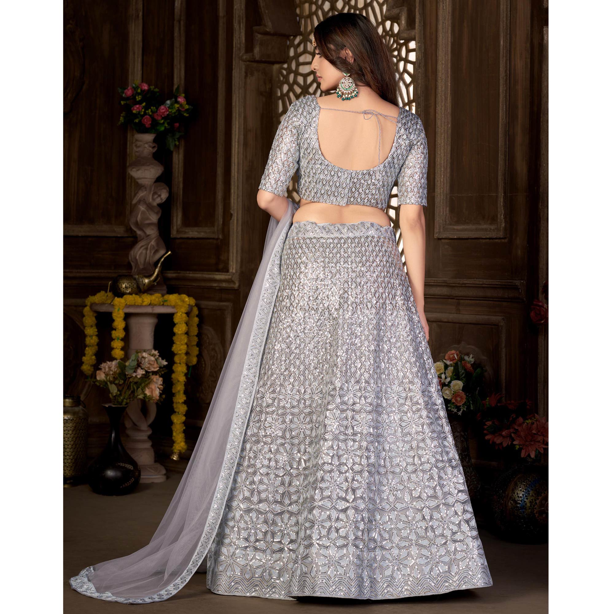 Grey Sequins Embroidered Net Lehenga Choli - Image 4