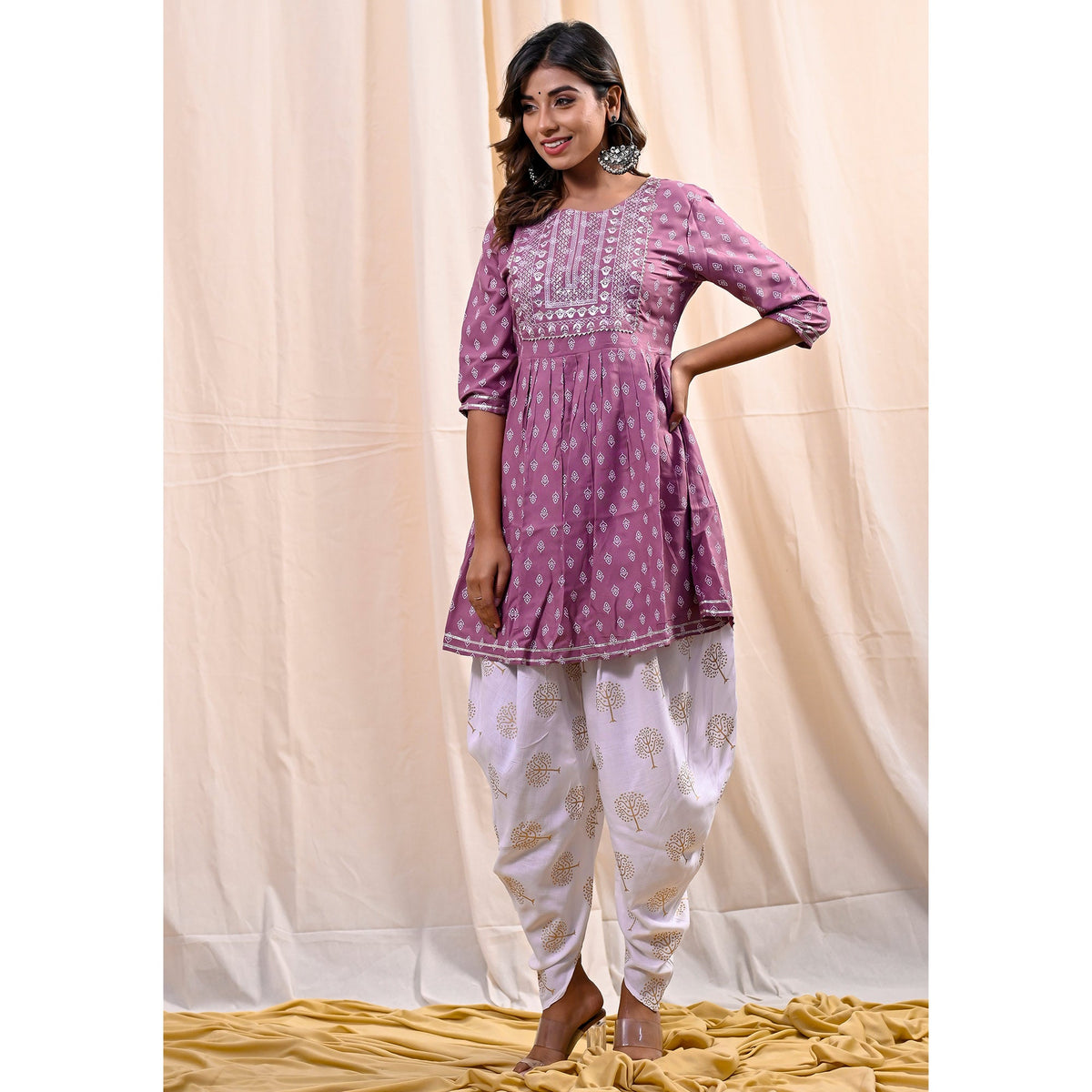Plum Violet Printed With Embroidered Rayon Kurti With Dhoti Set - Image 1