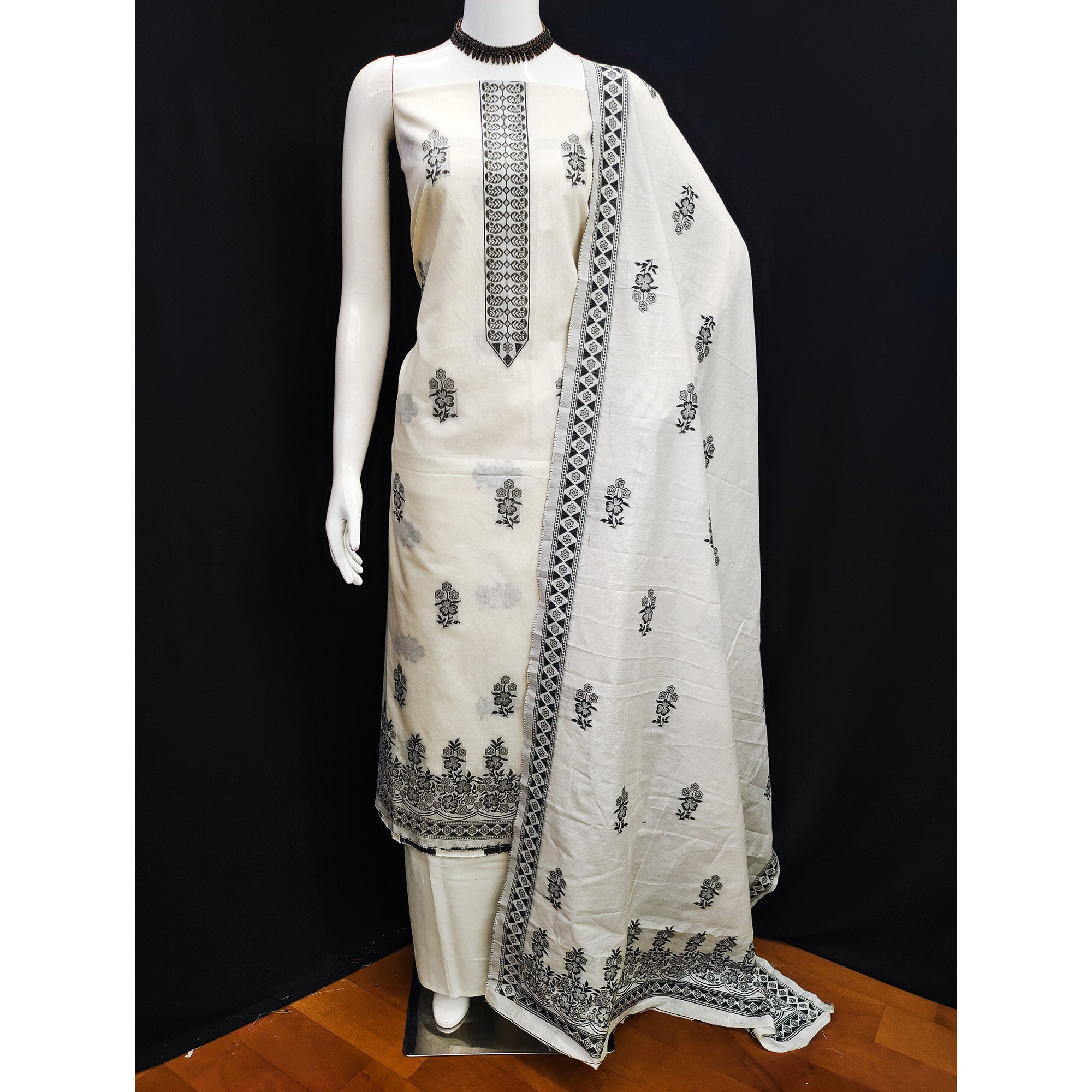 Cream & Black Floral Woven Pure Cotton Dress Material