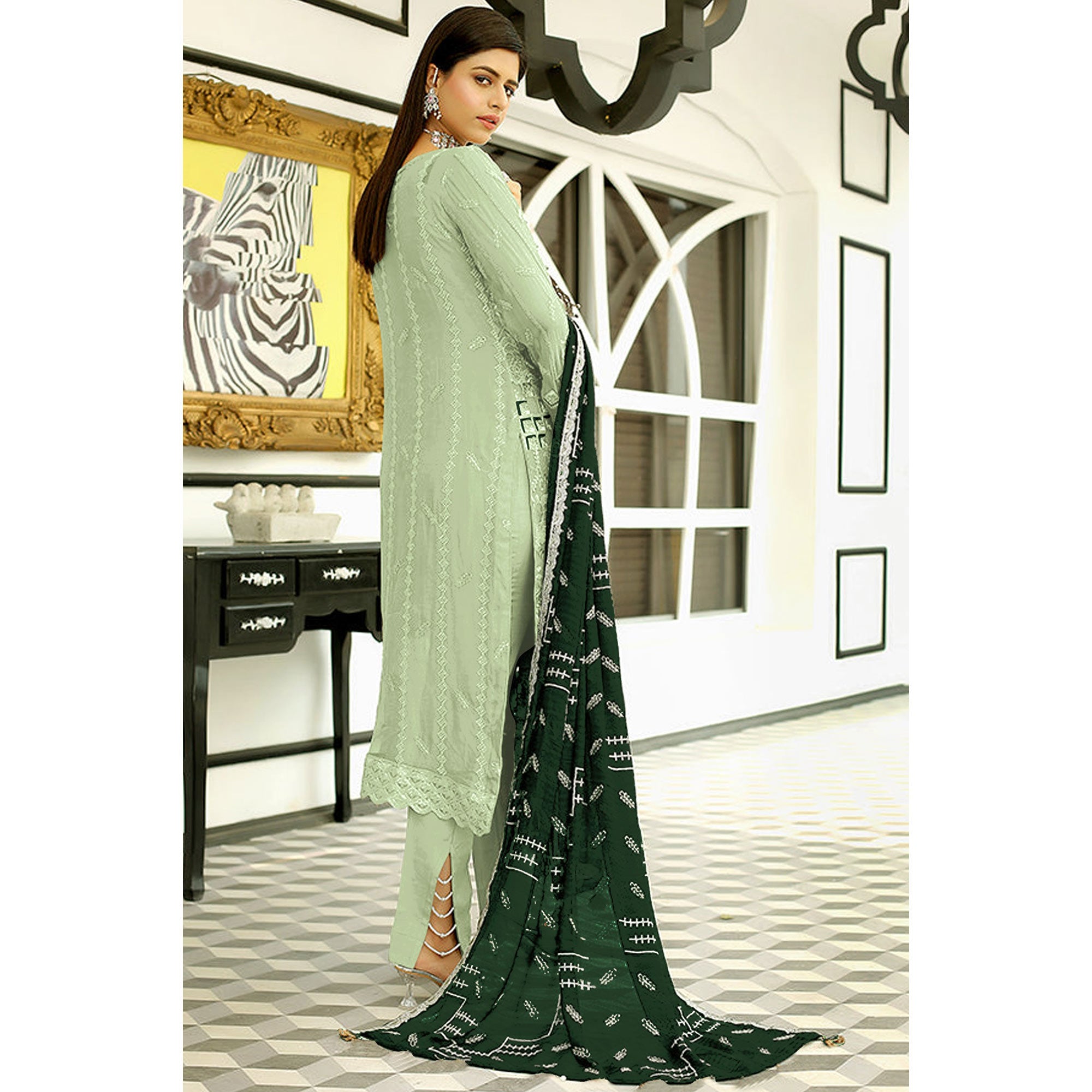 Green Floral Embroidered Georgette Pakistani Suit