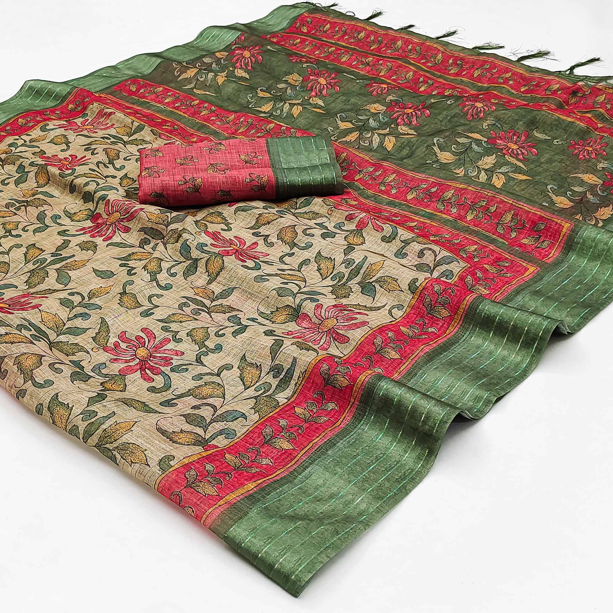 Green Floral Digital Printed Cotton Blend Saree