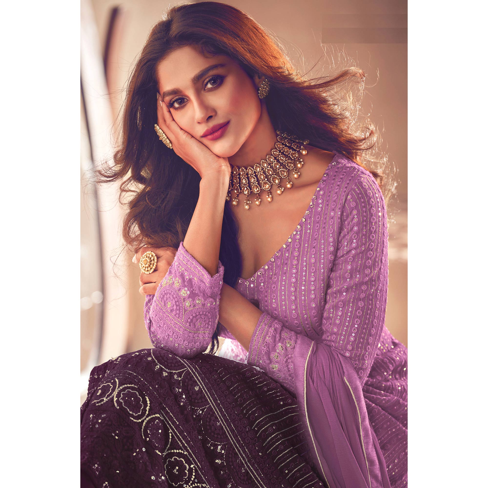 Purple Sequins Embroidered Georgette Front Slit Suit