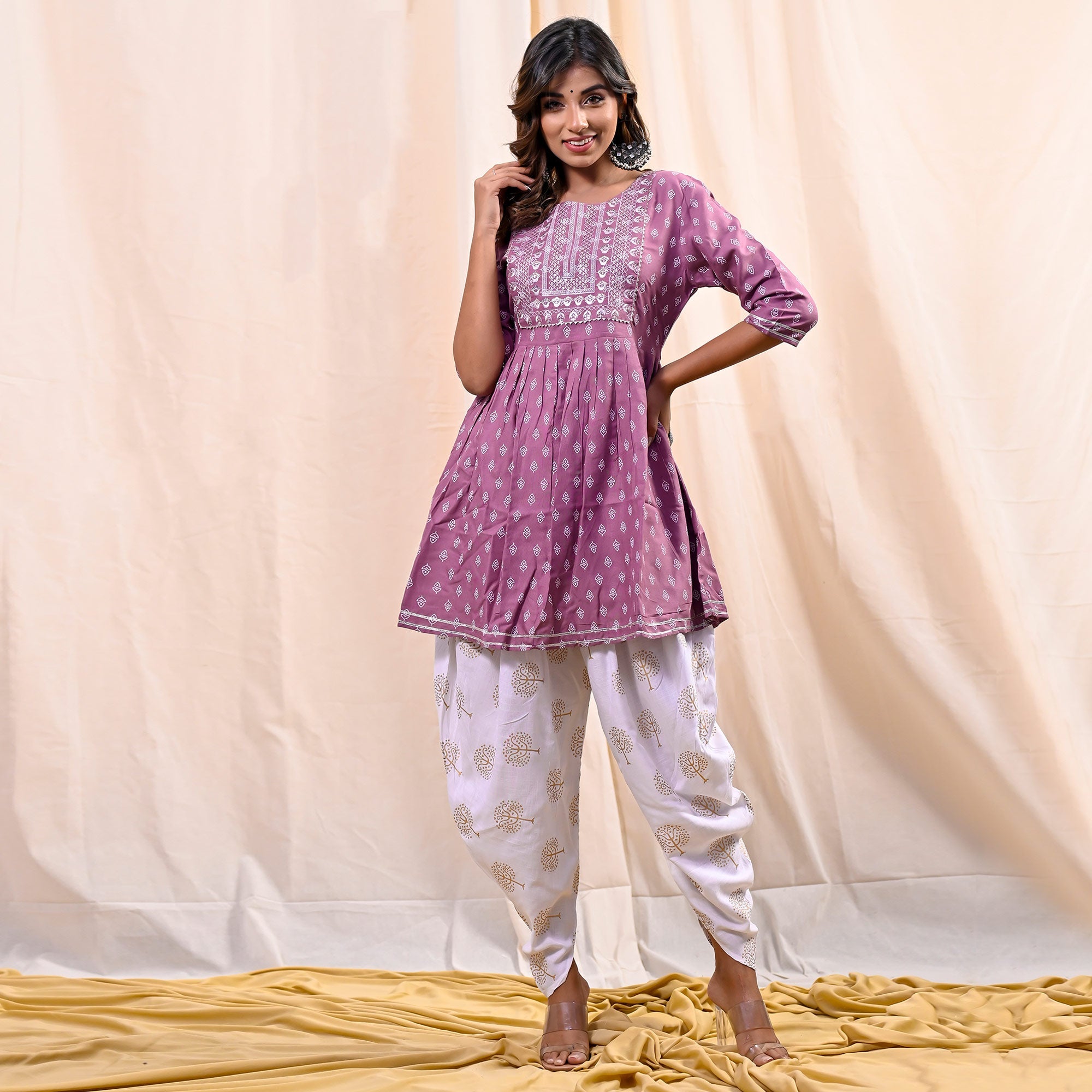 Plum Violet Printed With Embroidered Rayon Kurti With Dhoti Set - Image 3