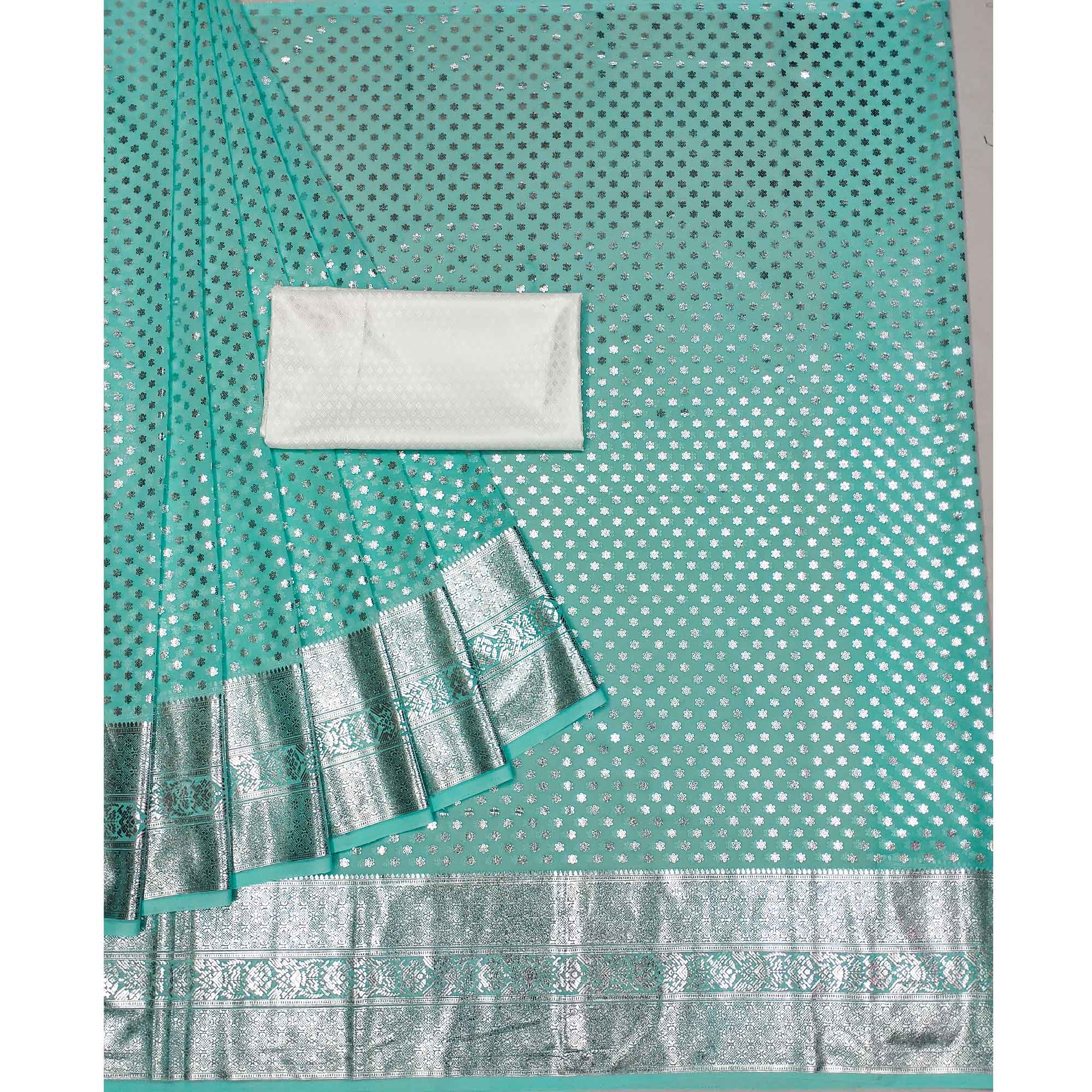 Sea Green Foil Printed Georgette Saree