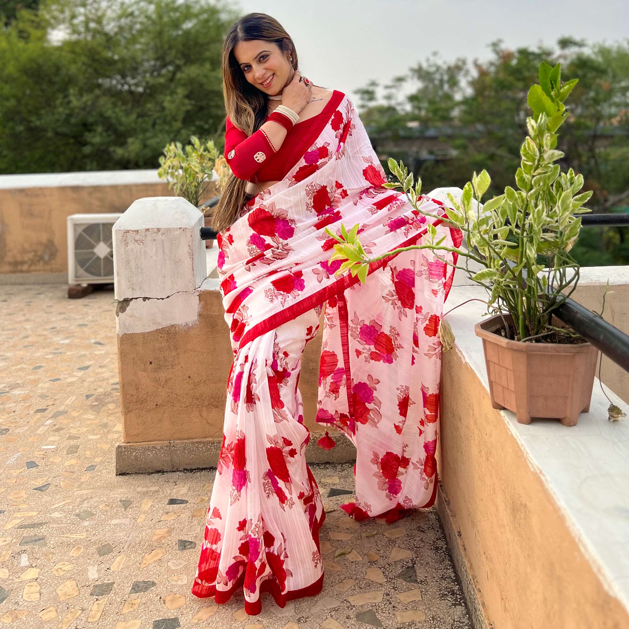 White & Red Digital Printed Cotton Silk Saree