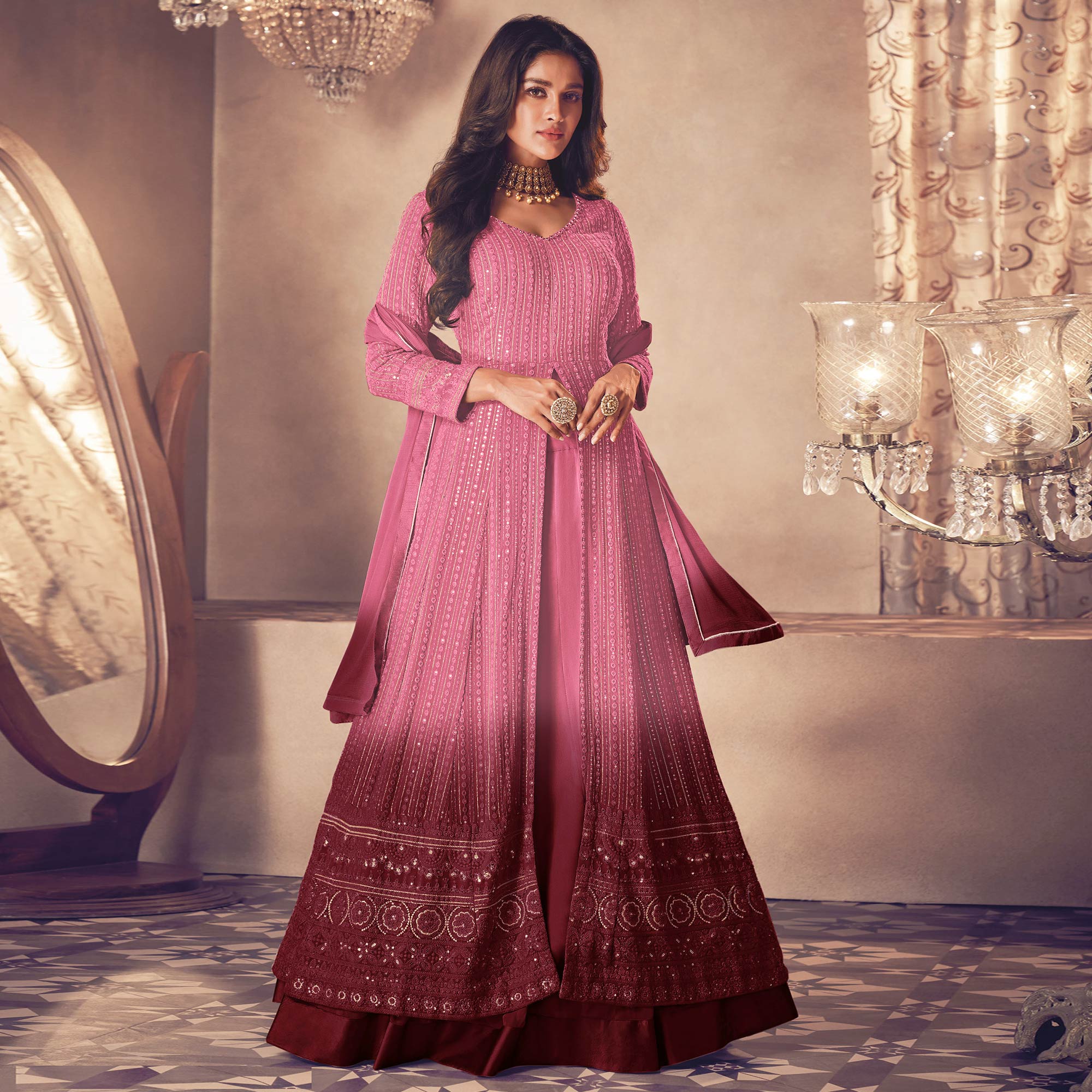 Pink Sequins Embroidered Georgette Front Slit Suit