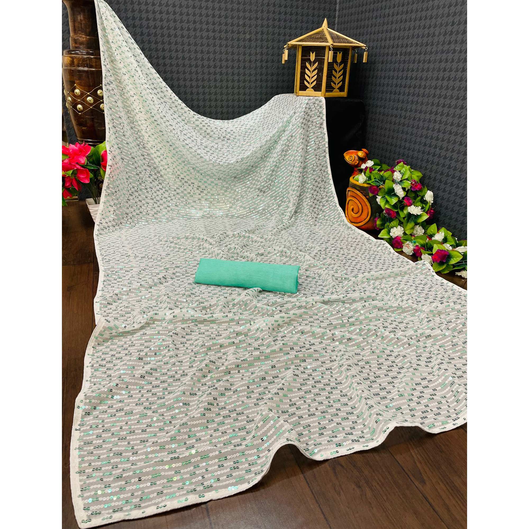 White & Sea Green Sequins Embroidered Georgette Saree