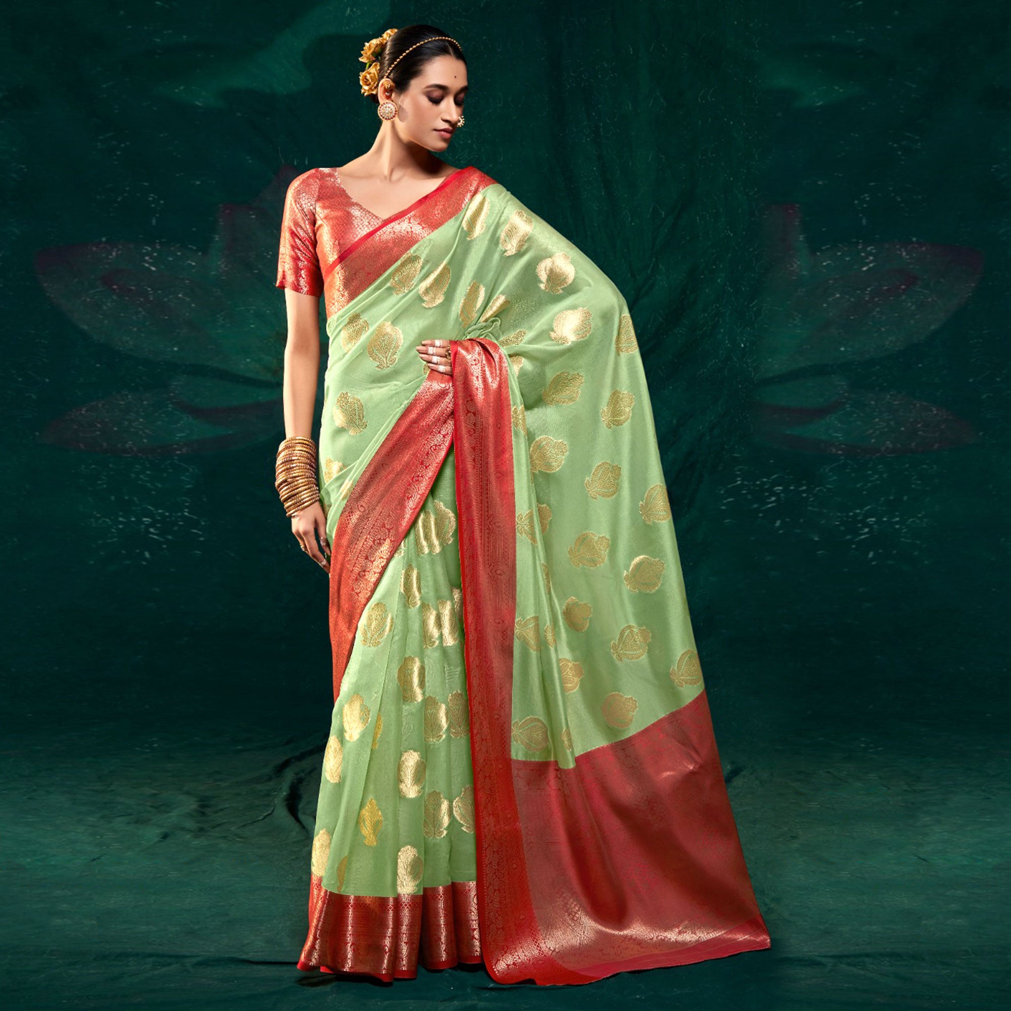 Pista Green Floral Woven Organza Saree