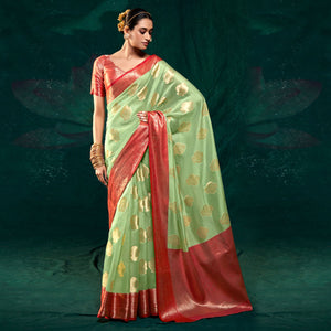 Pista Green Floral Woven Organza Saree