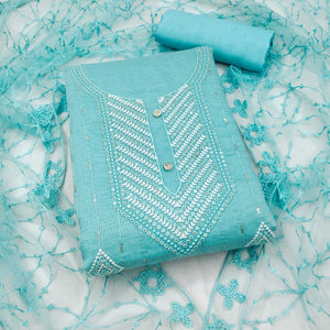 Blue Sequins Embroidered Chanderi Dress Material