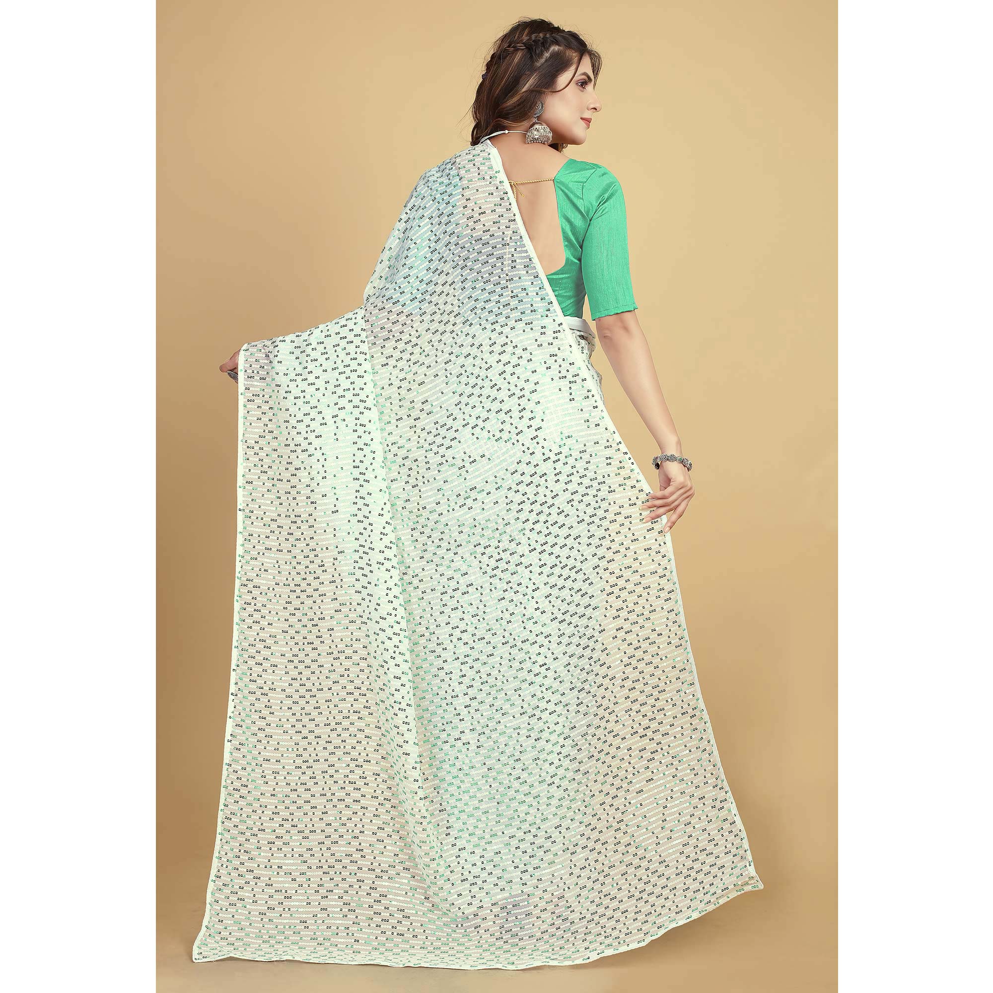 White & Sea Green Sequins Embroidered Georgette Saree
