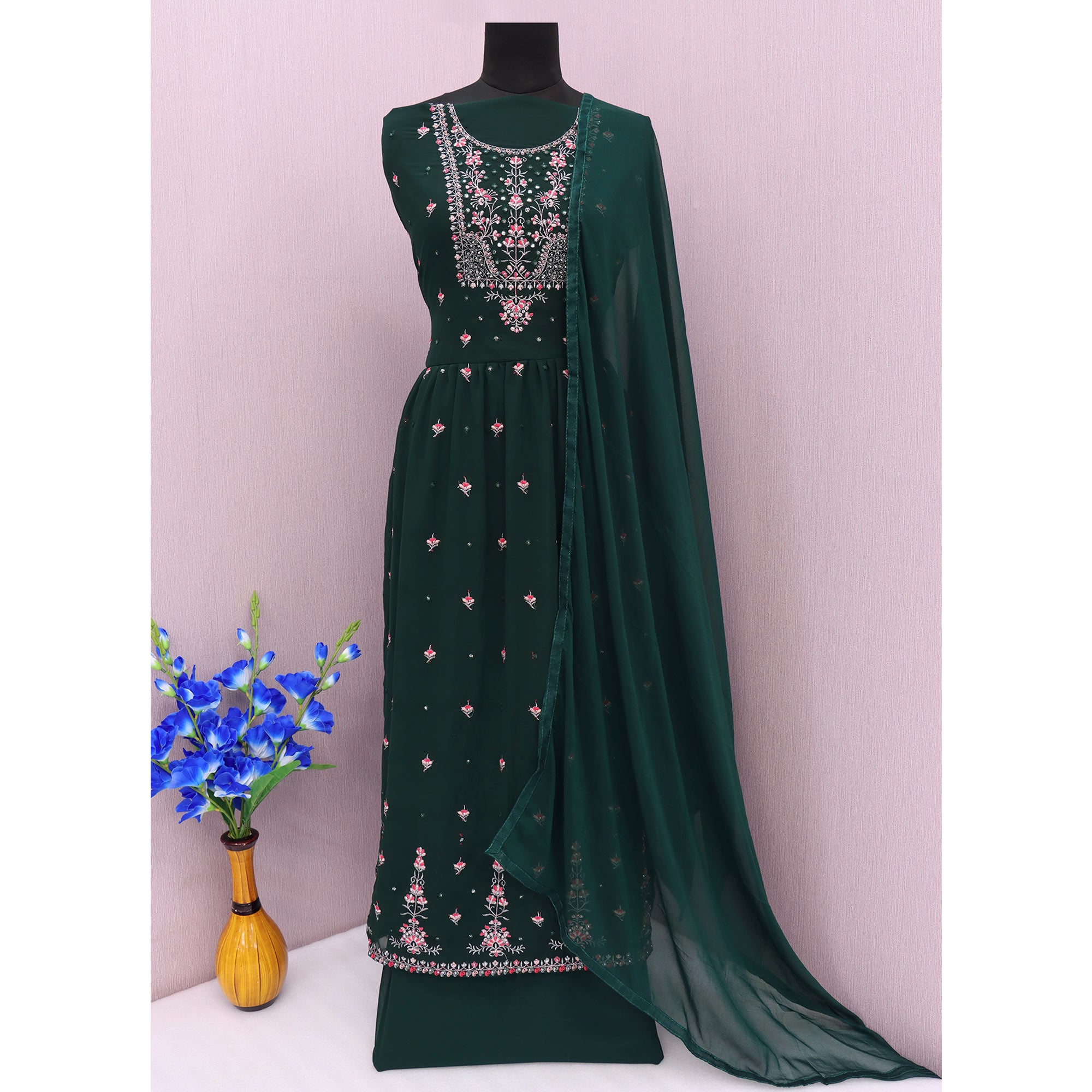Green Floral Embroidered Georgette Naira Cut Sharara Suit