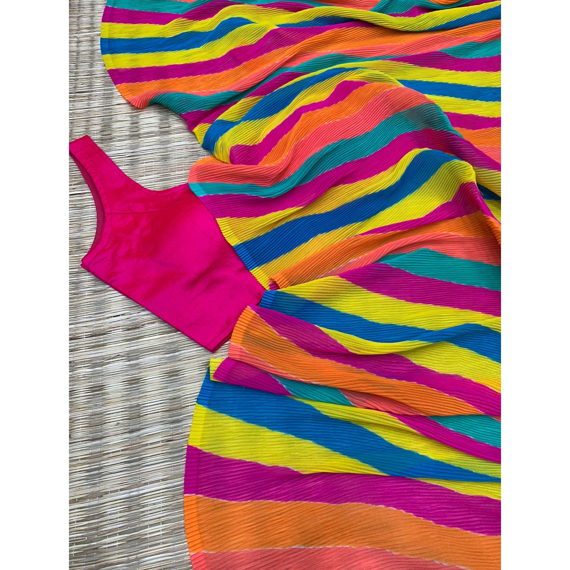 Multicolor Striped Printed Crush Georgette Saree