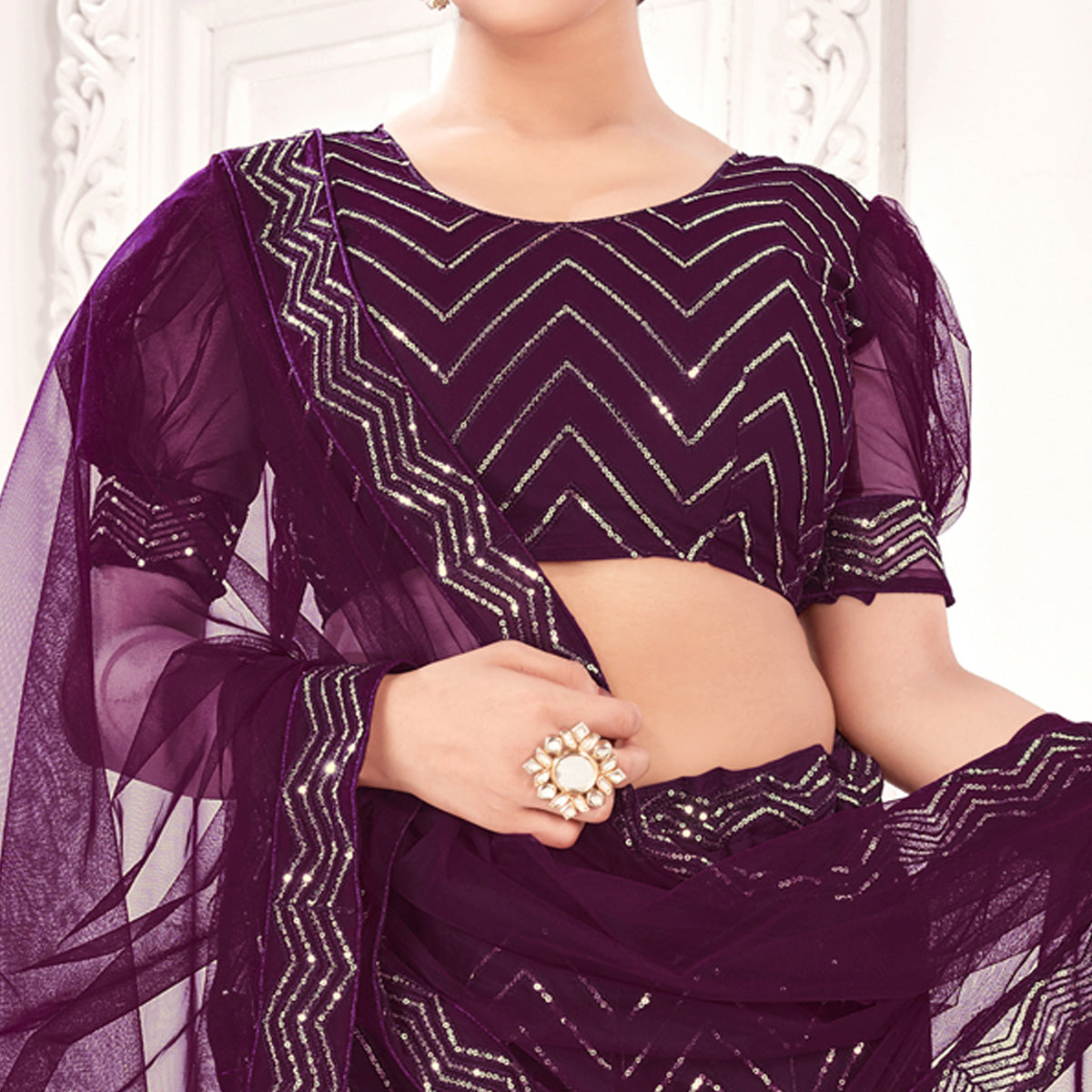 Wine Sequins Embroidered Netted Lehenga Choli - Image 4