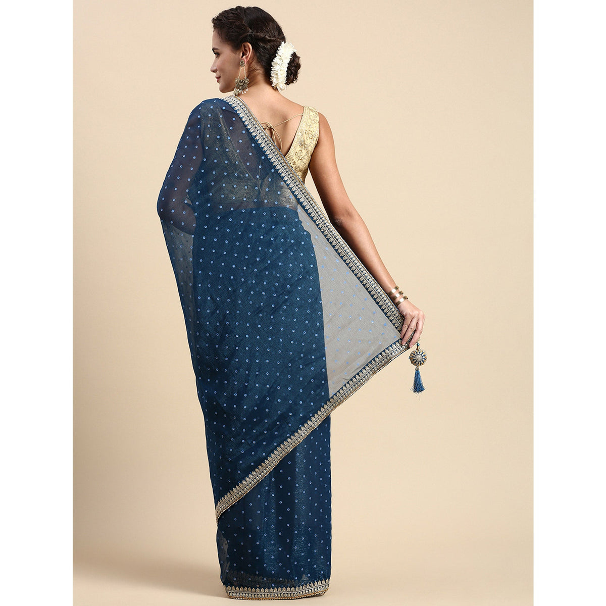 Blue Foil Printed With Embroidered Border Chiffon Saree - Image 3