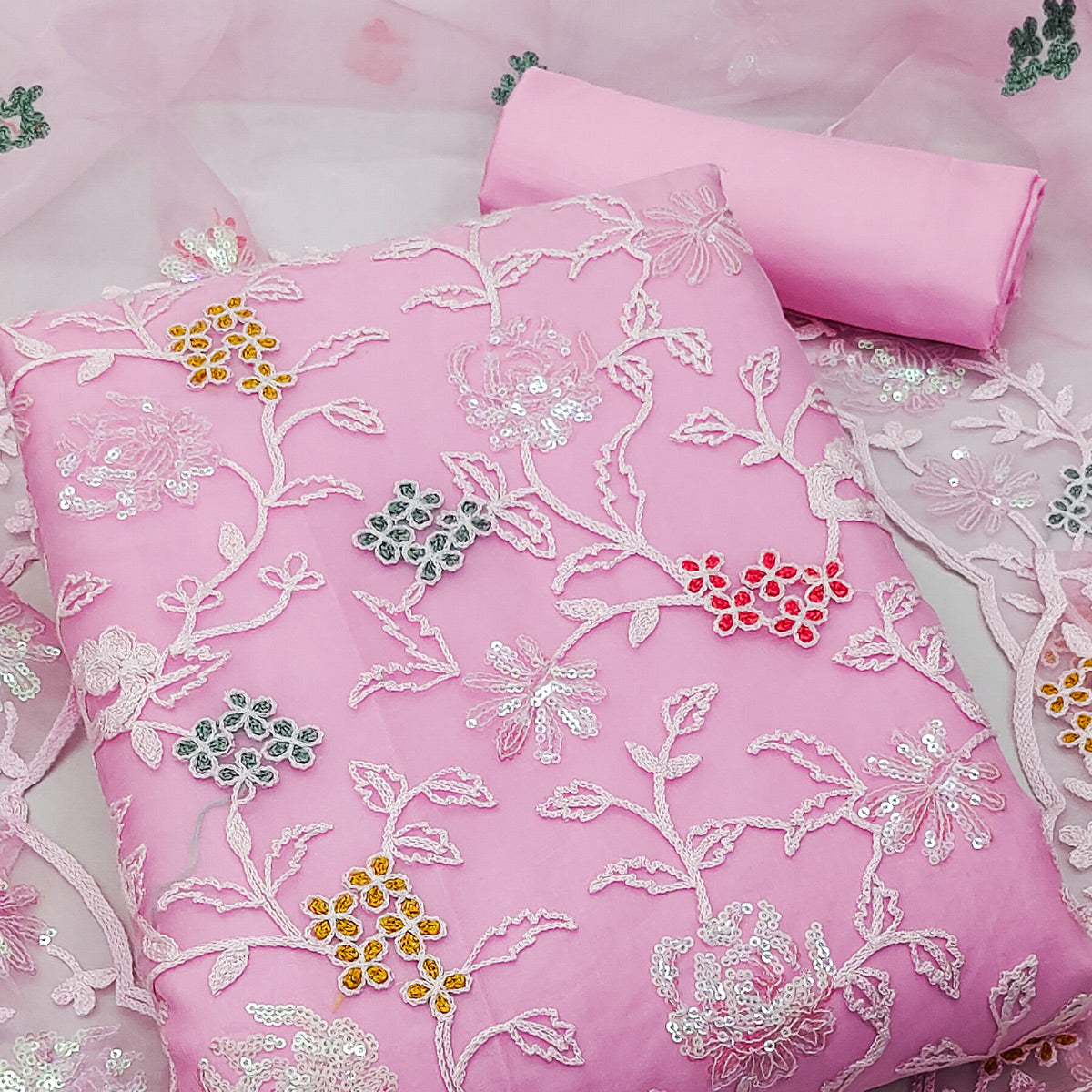 Pink Sequins Embroidered Organza Dress Material