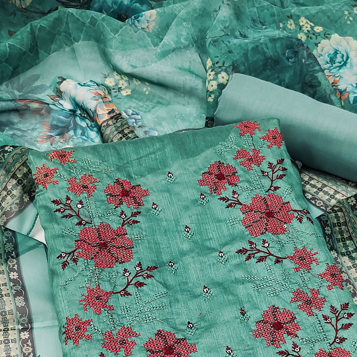 Turquoise Floral Sequins Embroidered Art Silk Dress Material