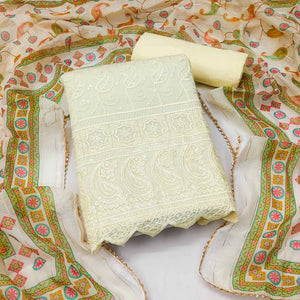 Light Yellow Embroidered Cotton Blend Dress Material