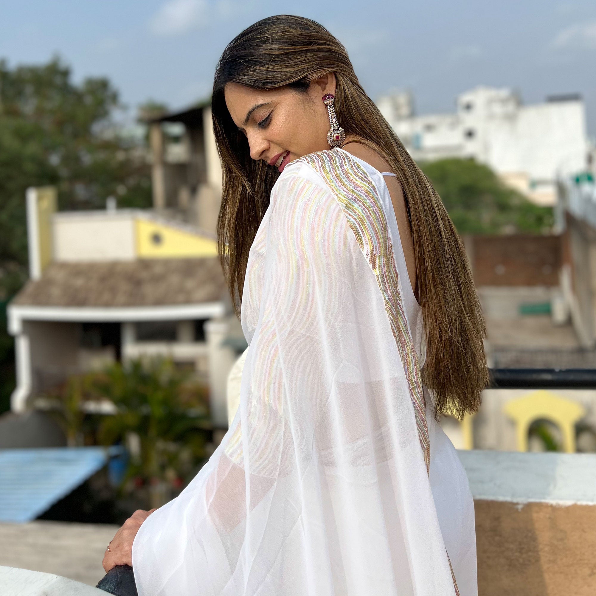 White Sequins Embroidered Georgette Saree