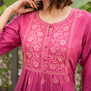 Pink Floral Embroidered Rayon Kurti
