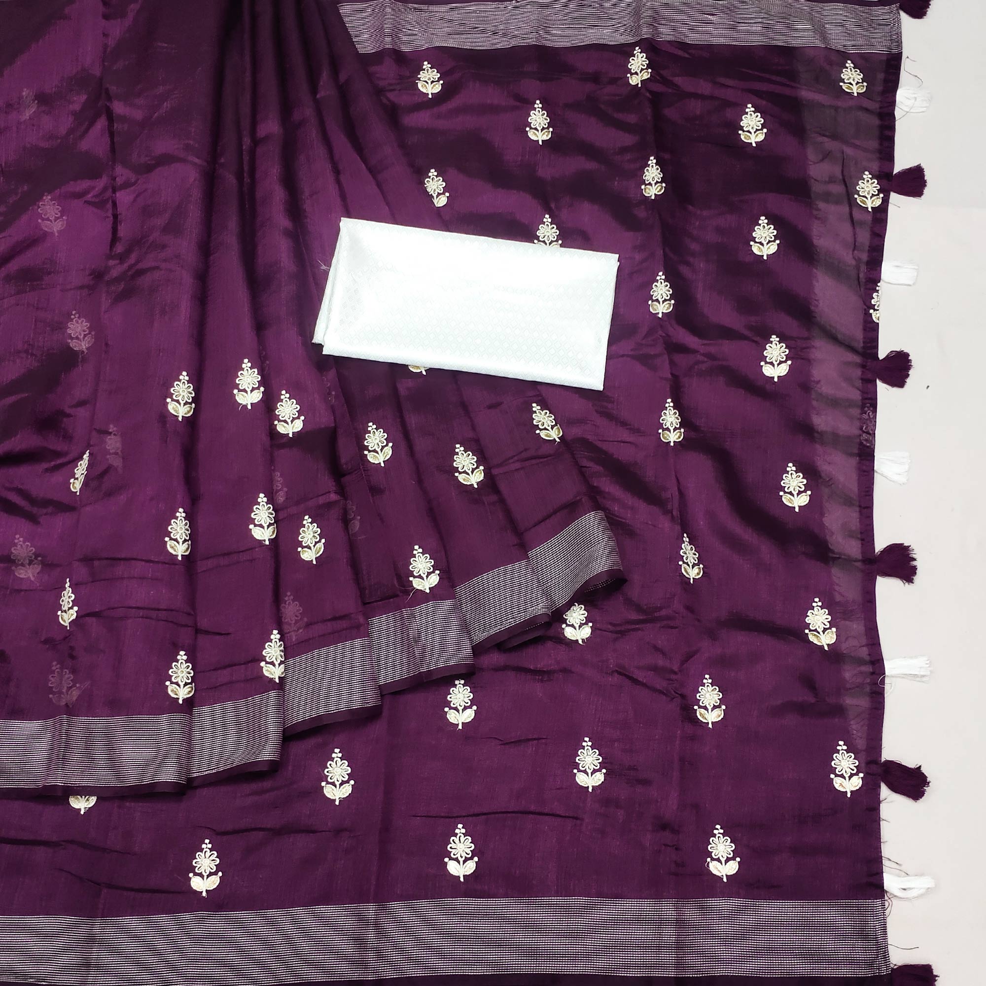 Purple Floral Embroidered Cotton Blend Saree