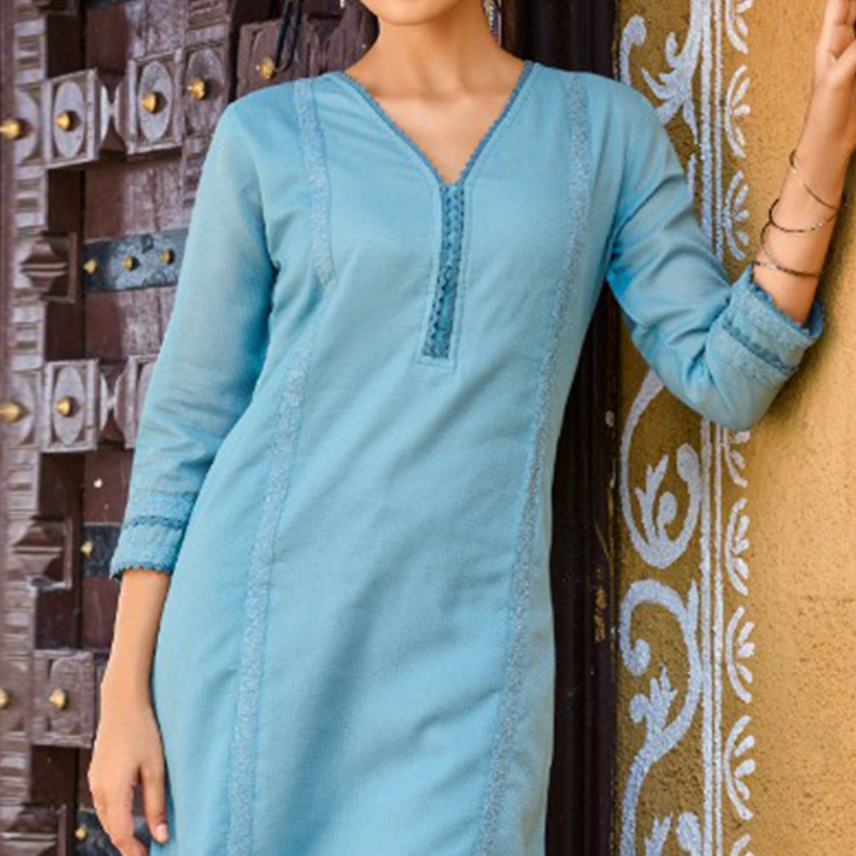 Sky Blue Embroidered Pure Cotton Kurti