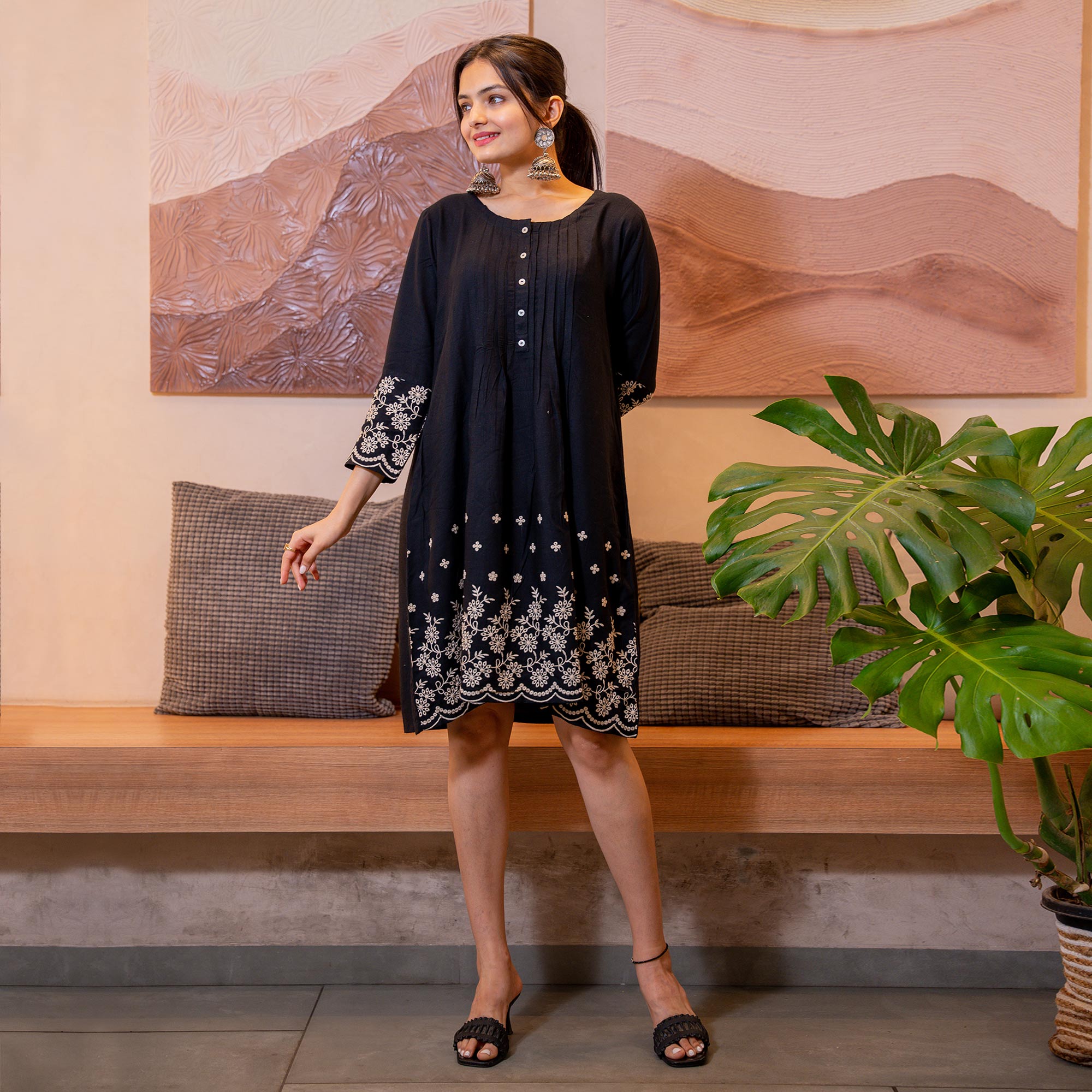 Black Floral Embroidered Rayon Dress