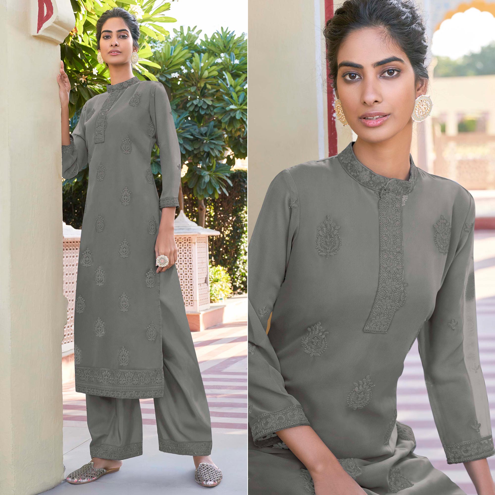 Grey Lucknowi Embroidered Georgette Kurti Palazzo Set - Image 3