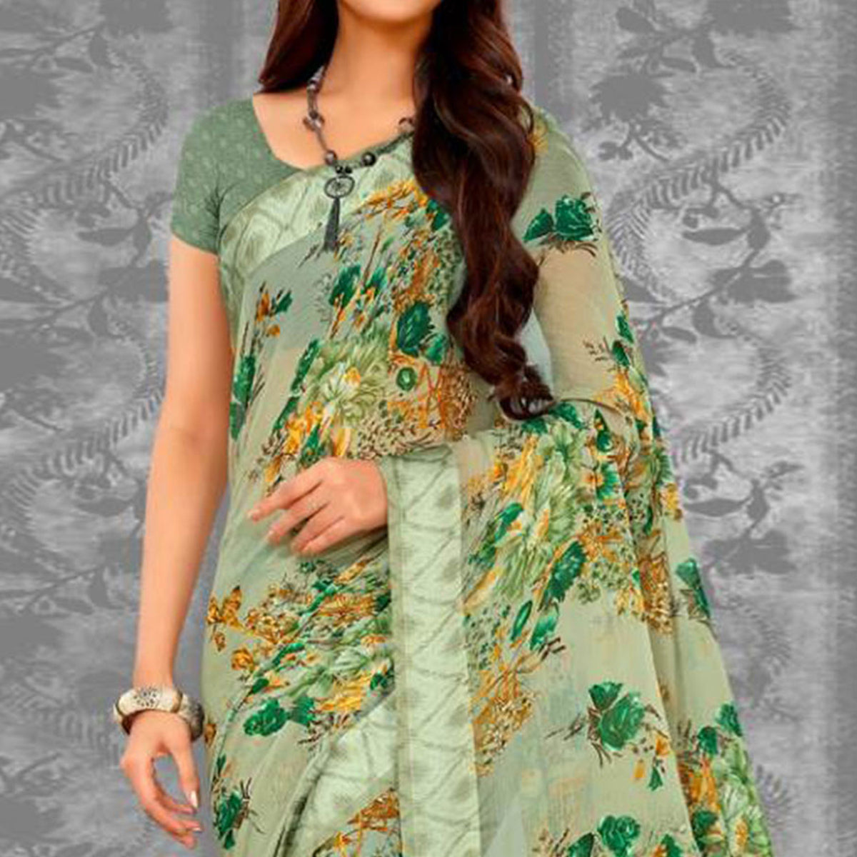 Green Floral Printed Chiffon Saree